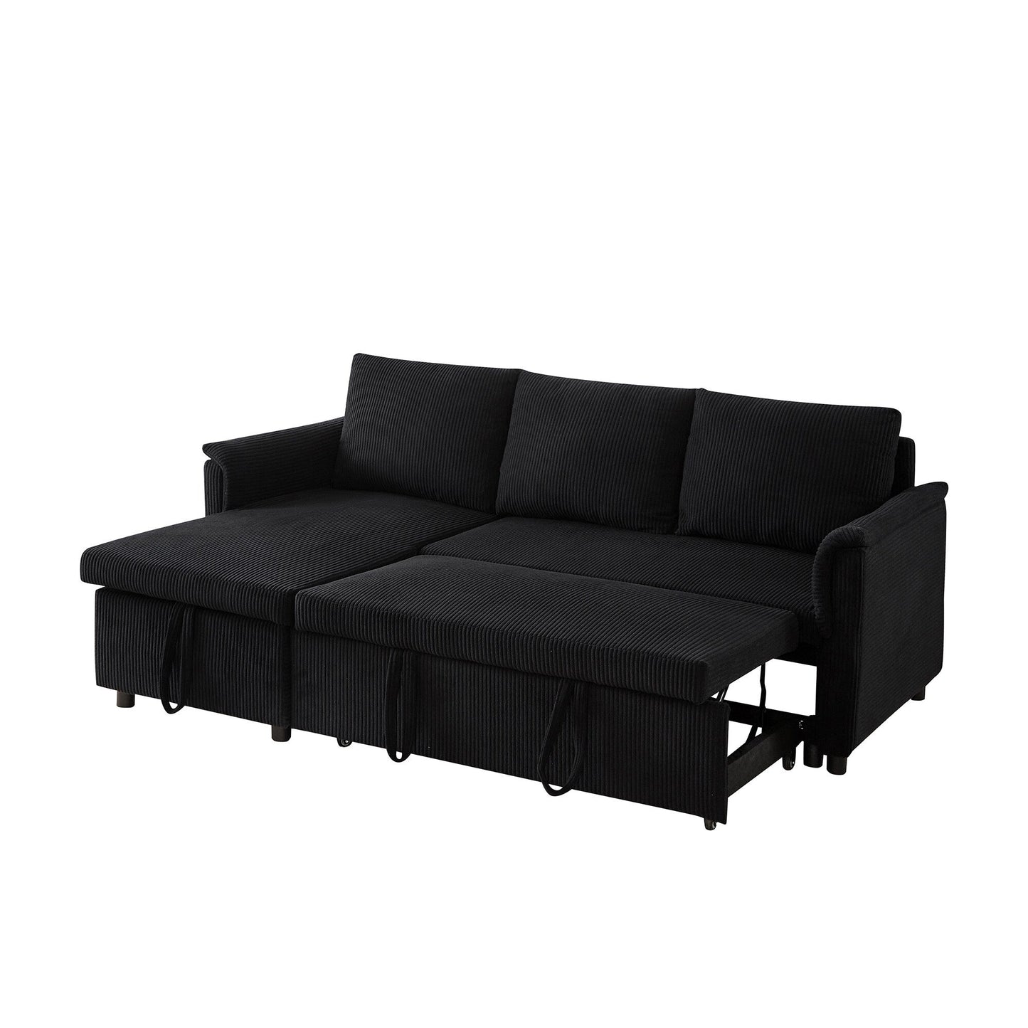 Convertible Corduroy Modular Loveseat Pull-Out Sleeper with Storage Chaise and Reclining Backrest for Living Room