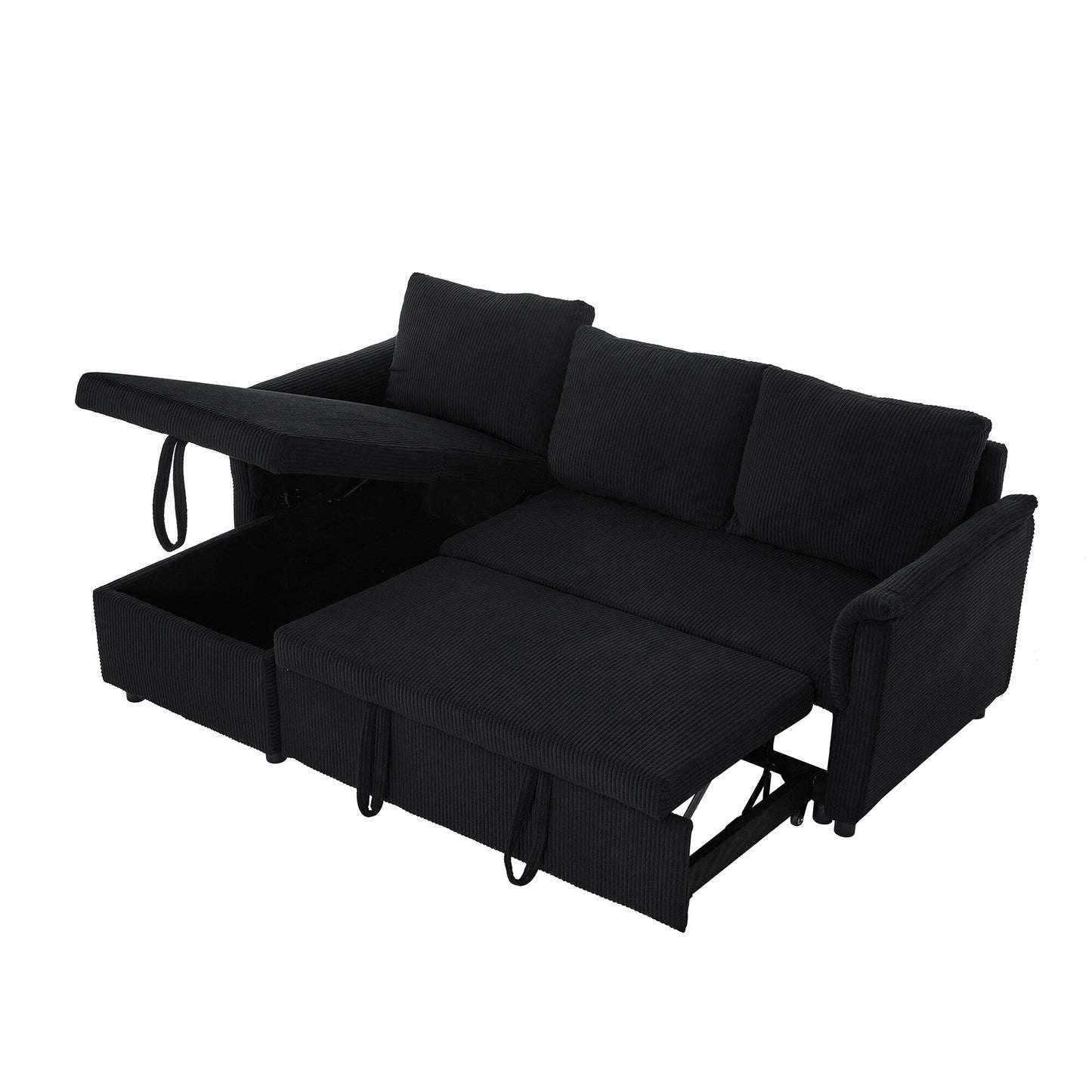 Convertible Corduroy Modular Loveseat Pull-Out Sleeper with Storage Chaise and Reclining Backrest for Living Room