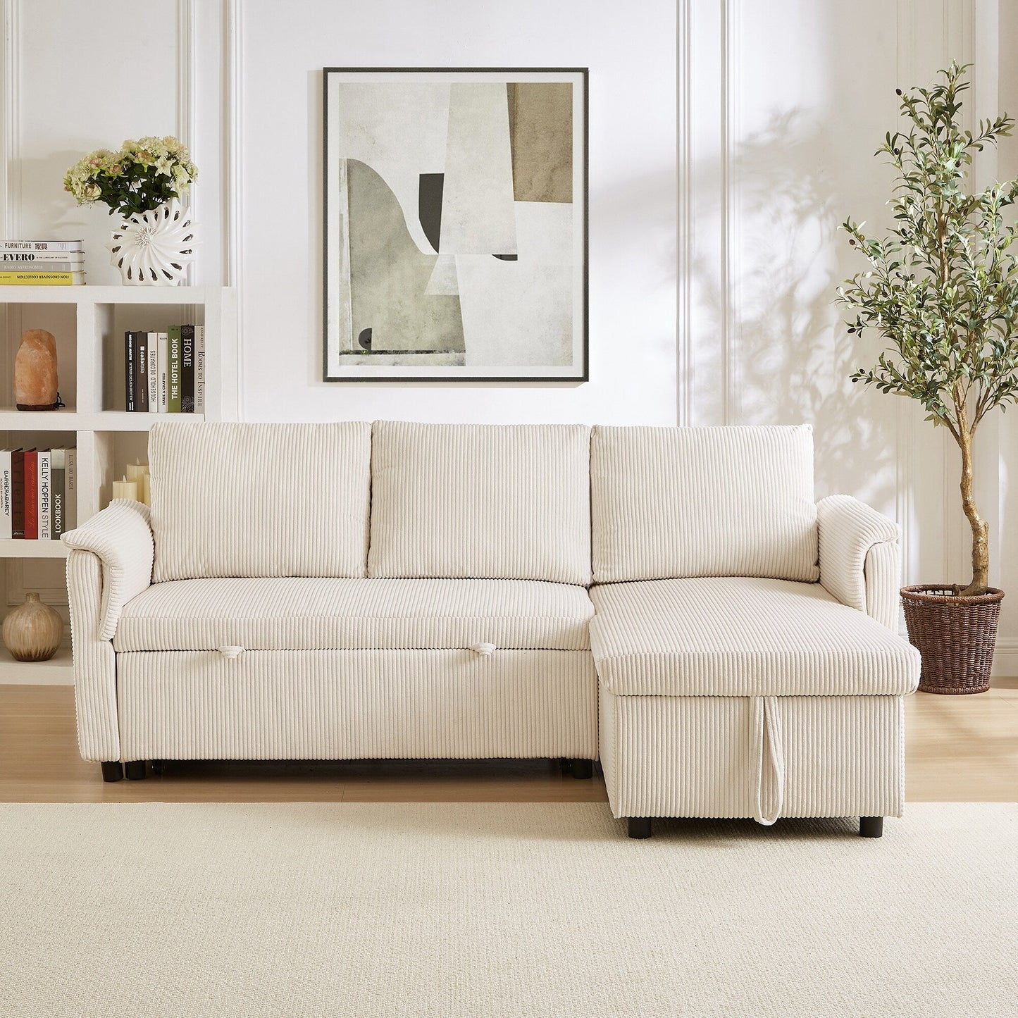 Convertible Corduroy Modular Loveseat Pull-Out Sleeper with Storage Chaise and Reclining Backrest for Living Room