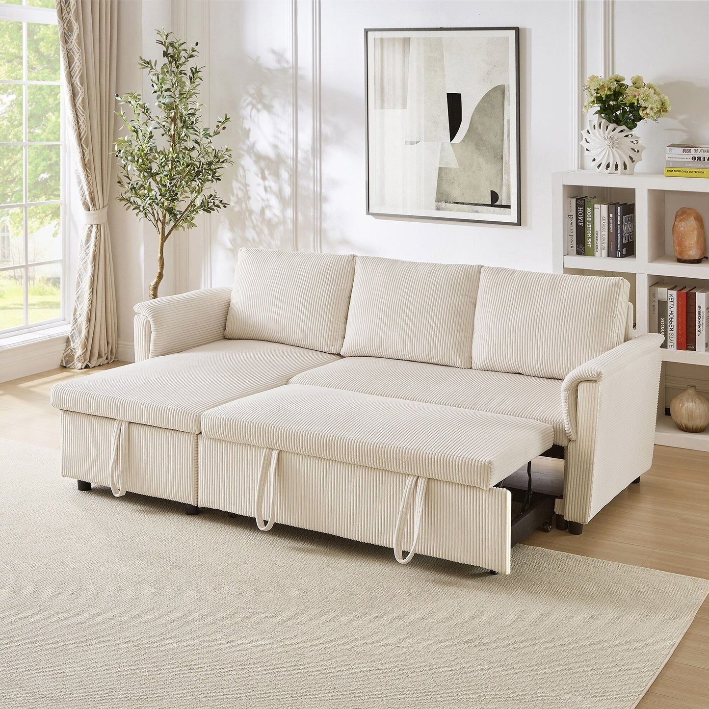 Convertible Corduroy Modular Loveseat Pull-Out Sleeper with Storage Chaise and Reclining Backrest for Living Room