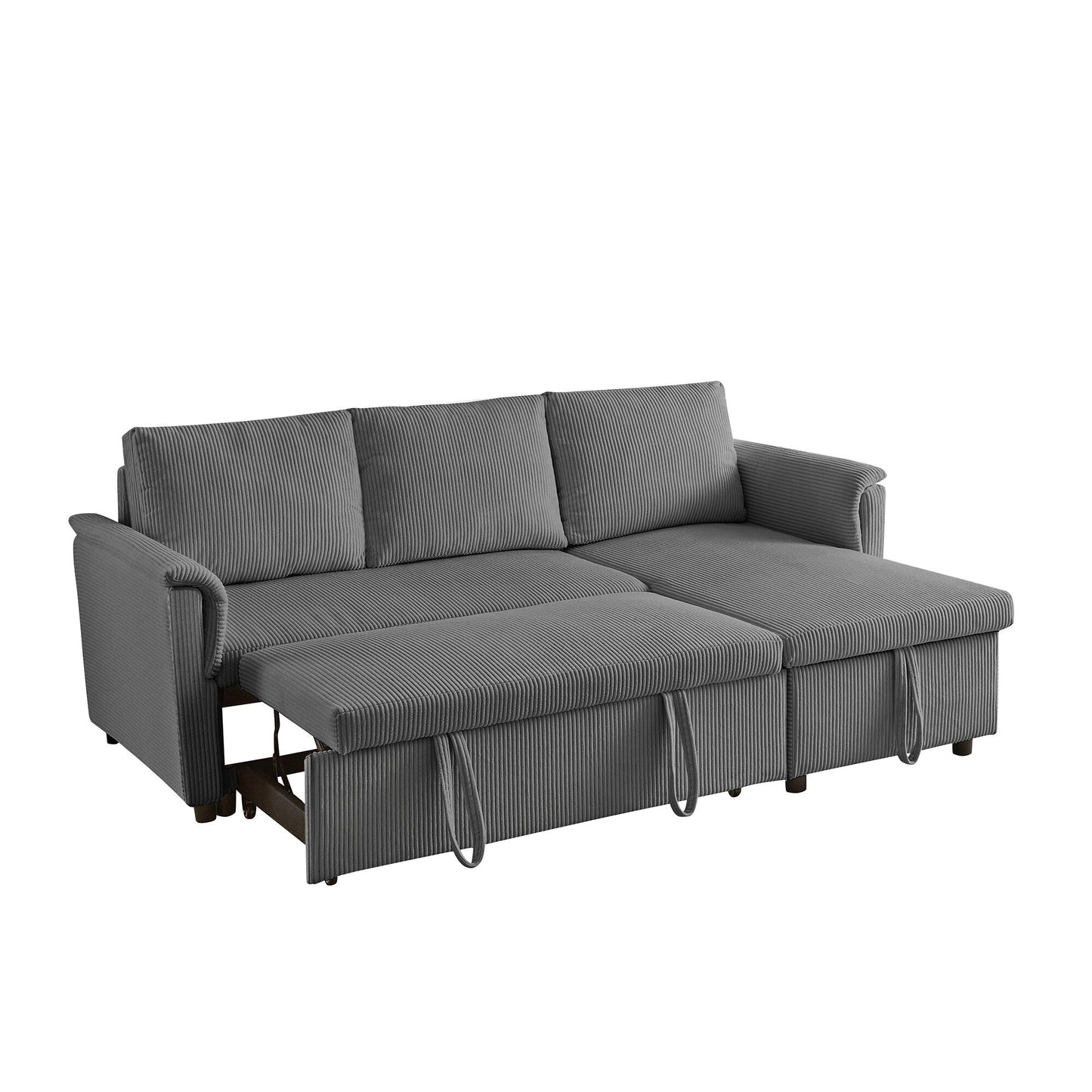 Convertible Corduroy Modular Loveseat Pull-Out Sleeper with Storage Chaise and Reclining Backrest for Living Room