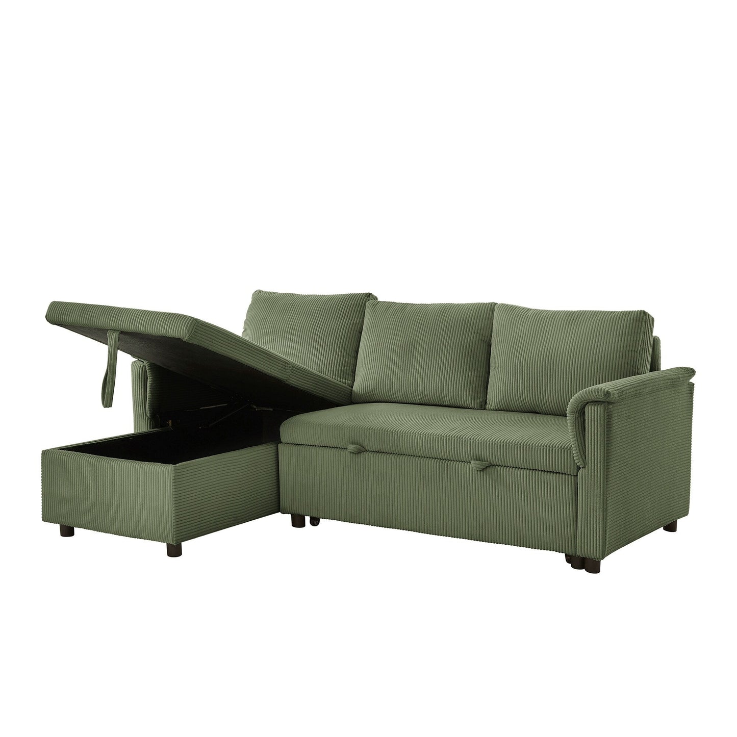 Convertible Corduroy Modular Loveseat Pull-Out Sleeper with Storage Chaise and Reclining Backrest for Living Room