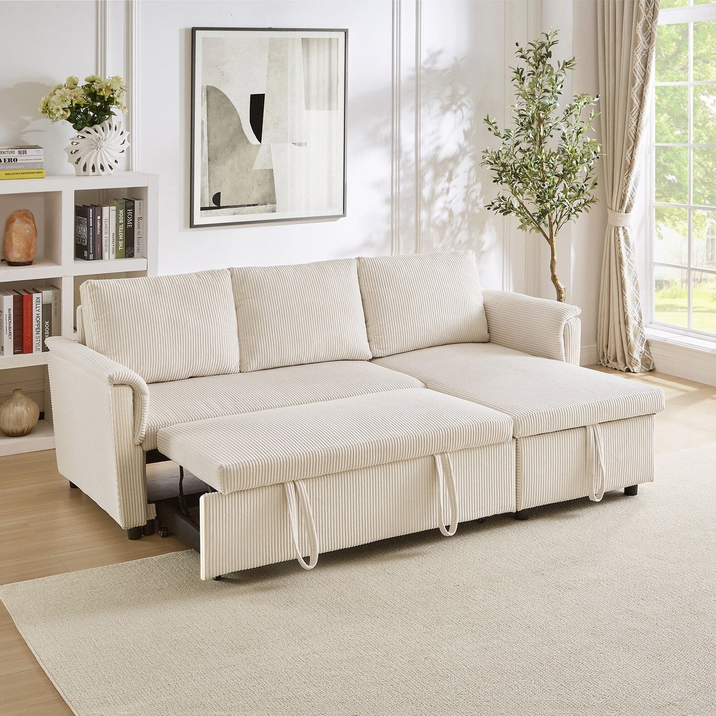 Convertible Corduroy Modular Loveseat Pull-Out Sleeper with Storage Chaise and Reclining Backrest for Living Room