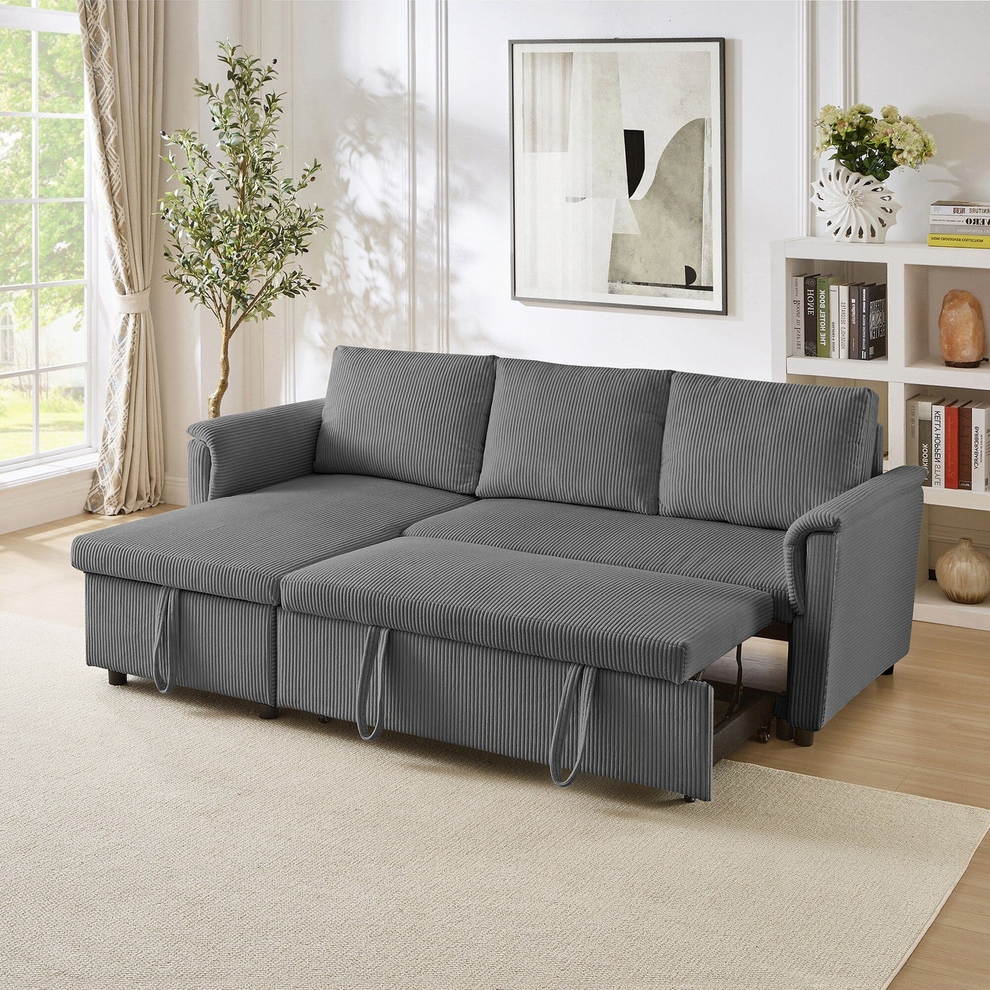 Convertible Corduroy Modular Loveseat Pull-Out Sleeper with Storage Chaise and Reclining Backrest for Living Room