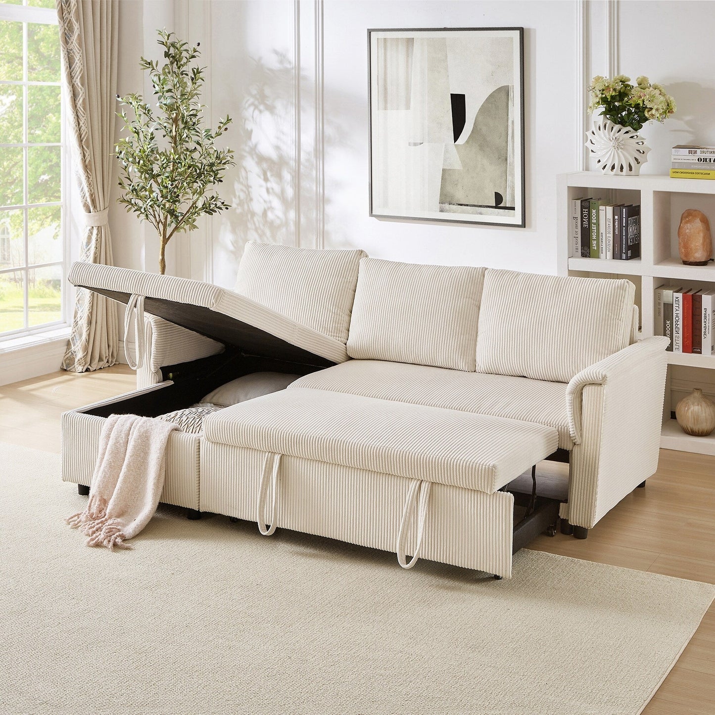 Convertible Corduroy Modular Loveseat Pull-Out Sleeper with Storage Chaise and Reclining Backrest for Living Room