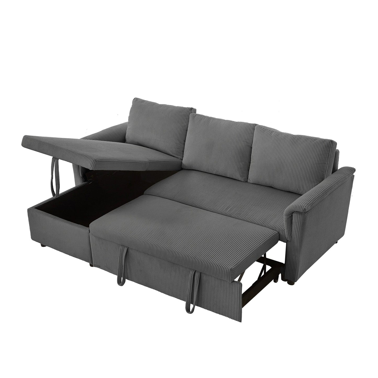 Convertible Corduroy Modular Loveseat Pull-Out Sleeper with Storage Chaise and Reclining Backrest for Living Room