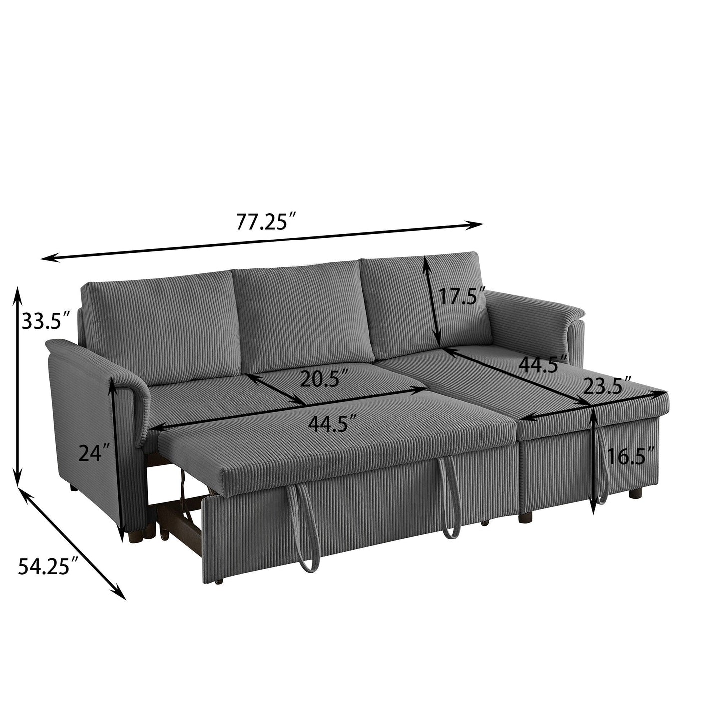 Convertible Corduroy Modular Loveseat Pull-Out Sleeper with Storage Chaise and Reclining Backrest for Living Room