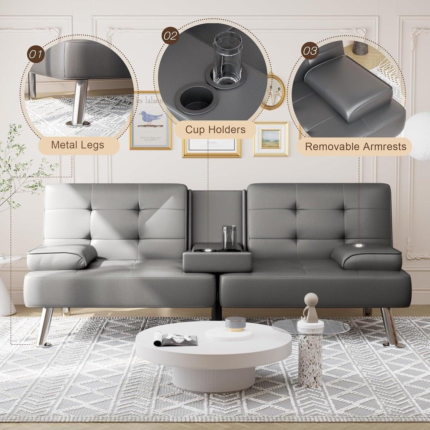 Convertible Folding Futon Sofa Bed - Faux Leather Sleeper Couch with Removable Armrests, Metal Legs & Cup Holders, Black
