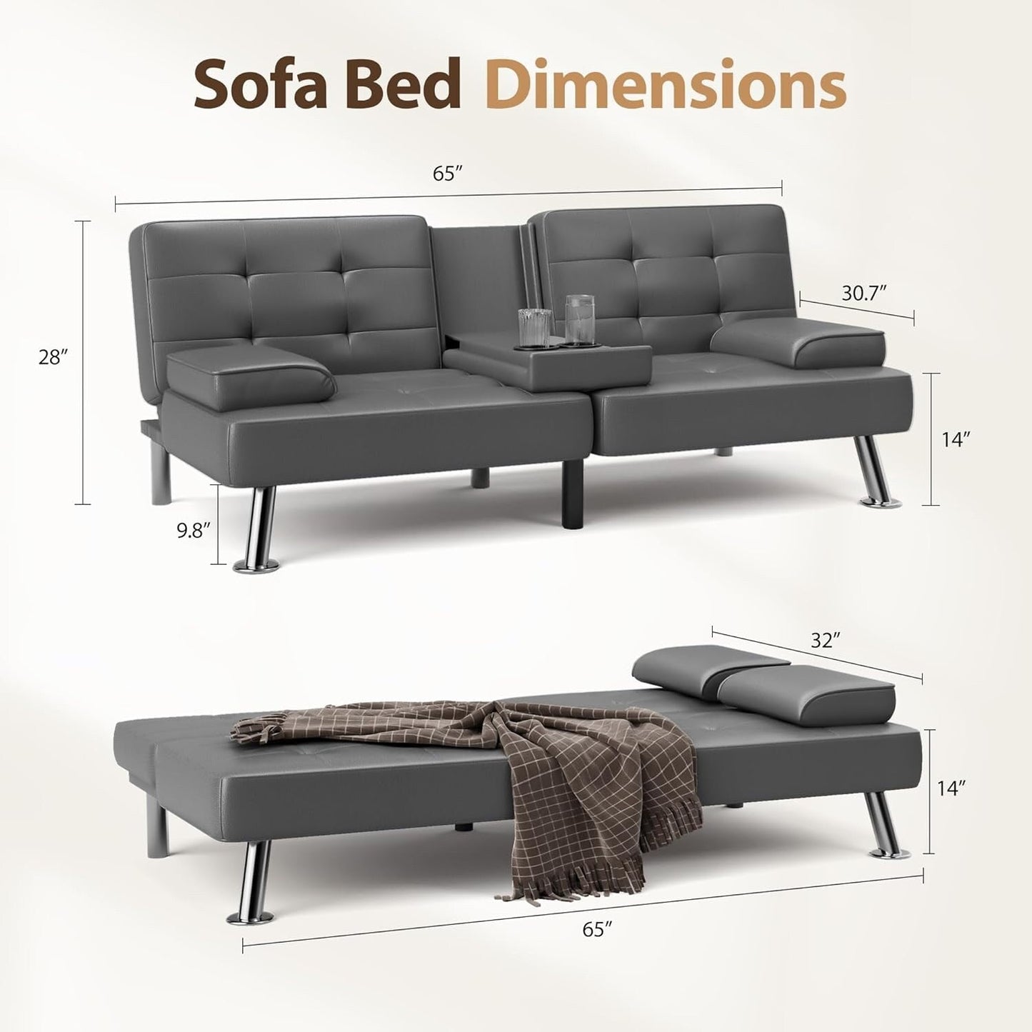 Convertible Folding Futon Sofa Bed - Faux Leather Sleeper Couch with Removable Armrests, Metal Legs & Cup Holders, Black