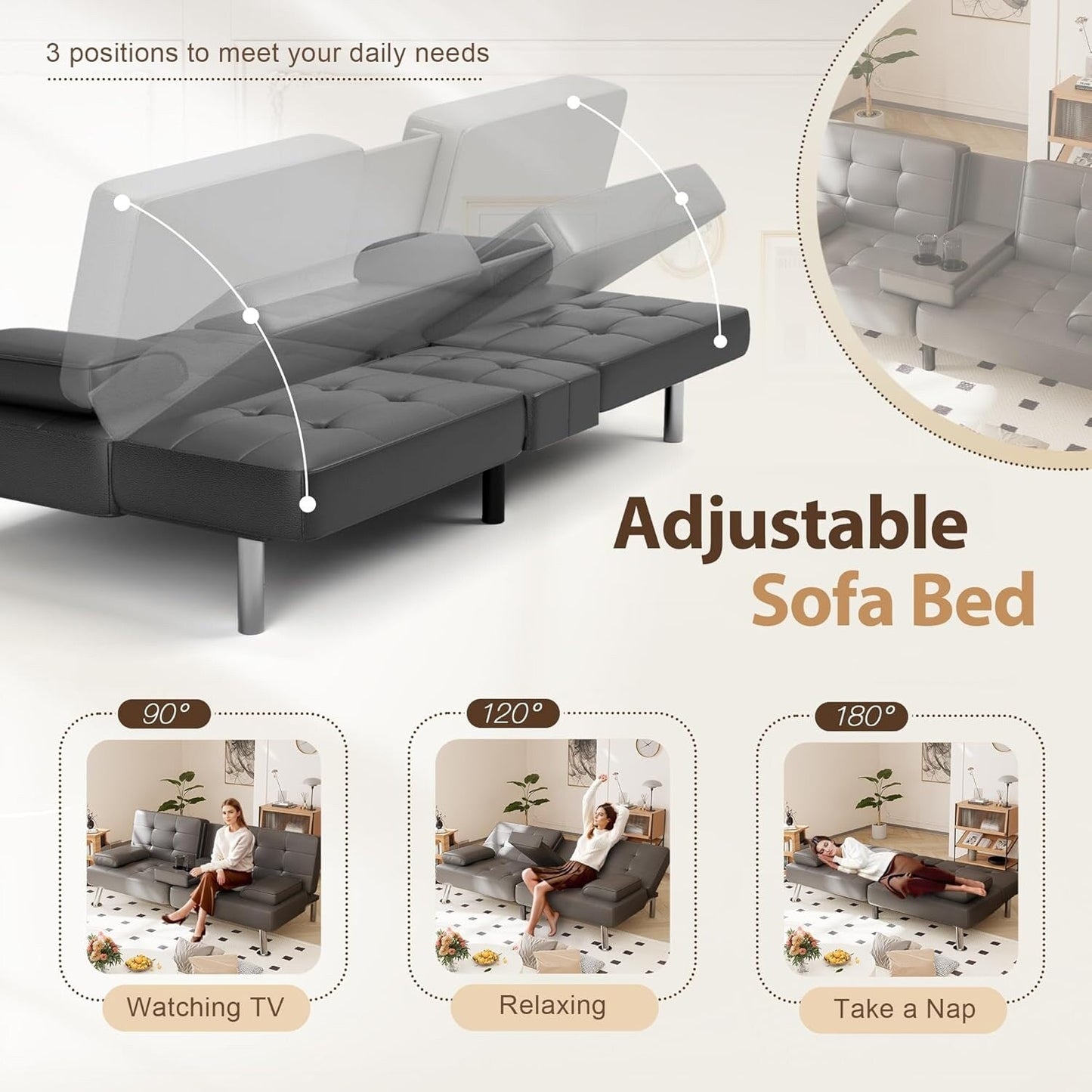 Convertible Folding Futon Sofa Bed - Faux Leather Sleeper Couch with Removable Armrests, Metal Legs & Cup Holders, Black