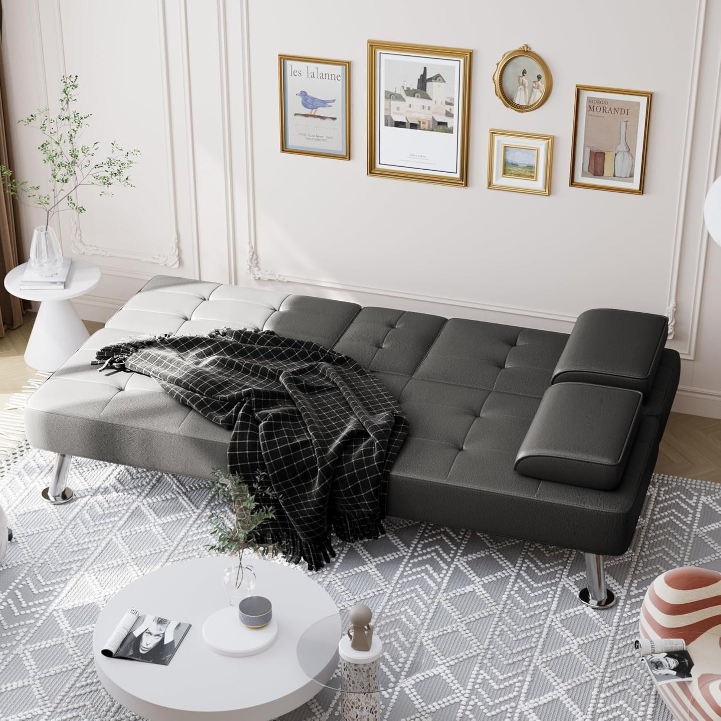 Convertible Folding Futon Sofa Bed - Faux Leather Sleeper Couch with Removable Armrests, Metal Legs & Cup Holders, Black