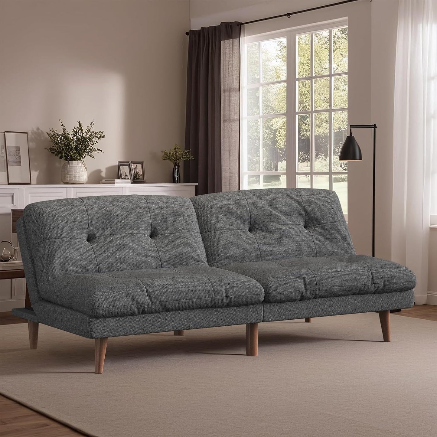 Convertible Futon Sofa Bed with Adjustable Back - Upholstered Sleeper Couch for Living Room, Grey Fabric