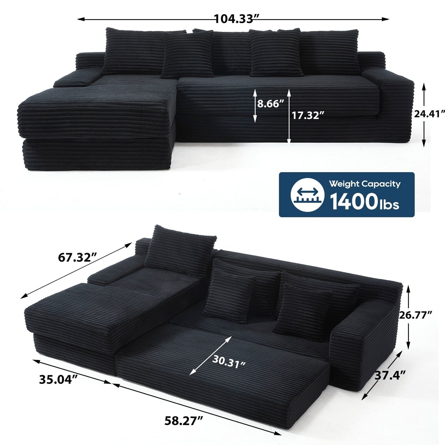 Convertible L-Shaped Corduroy Sectional Sofa 3-Seater Modular Couch with Steel Frame for Bedrooms Home Theater