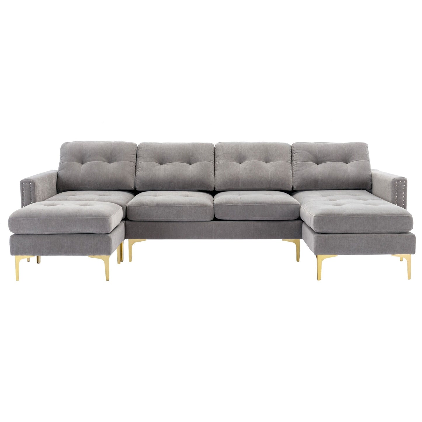 Convertible L-Shaped Velvet Sectional Sofa with Movable Ottoman and Gold Metal Legs for Living Room