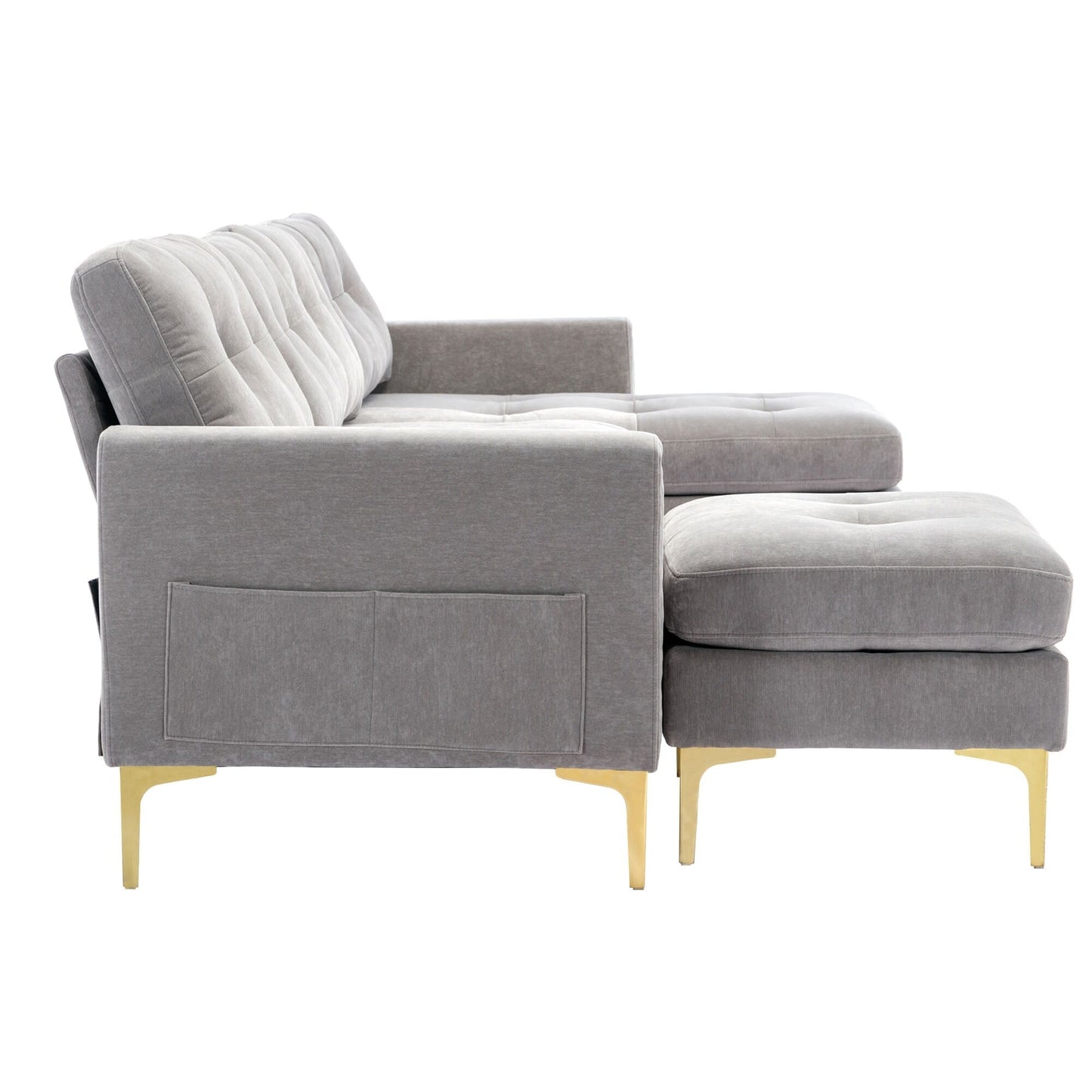 Convertible L-Shaped Velvet Sectional Sofa with Movable Ottoman and Gold Metal Legs for Living Room