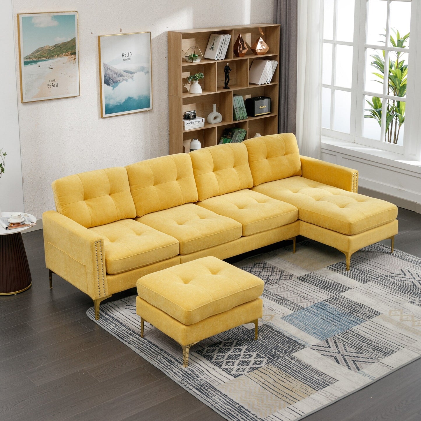 Convertible L-Shaped Velvet Sectional Sofa with Movable Ottoman and Gold Metal Legs for Living Room