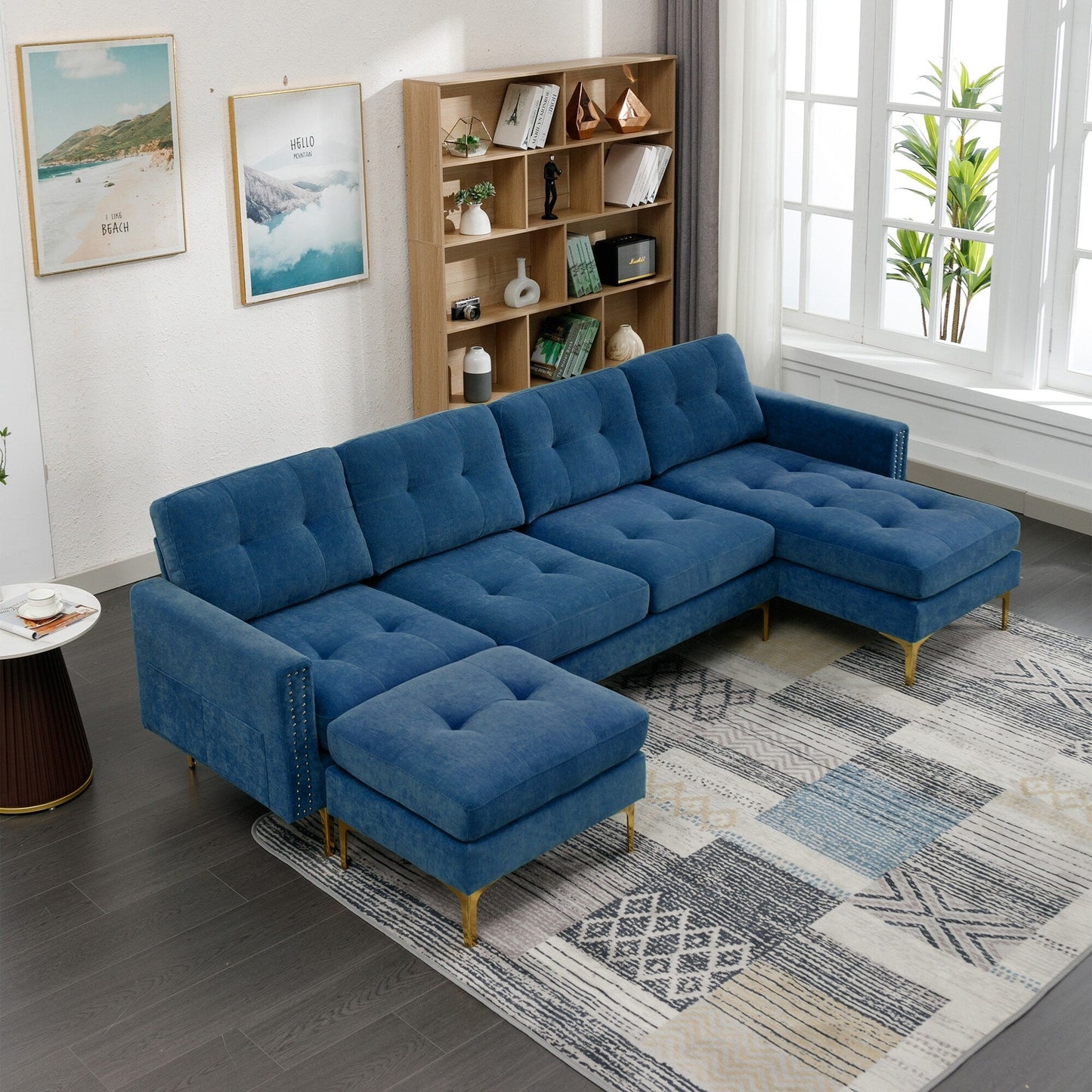 Convertible L-Shaped Velvet Sectional Sofa with Movable Ottoman and Gold Metal Legs for Living Room