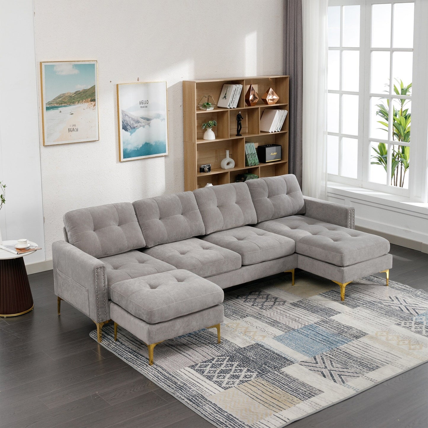 Convertible L-Shaped Velvet Sectional Sofa with Movable Ottoman and Gold Metal Legs for Living Room