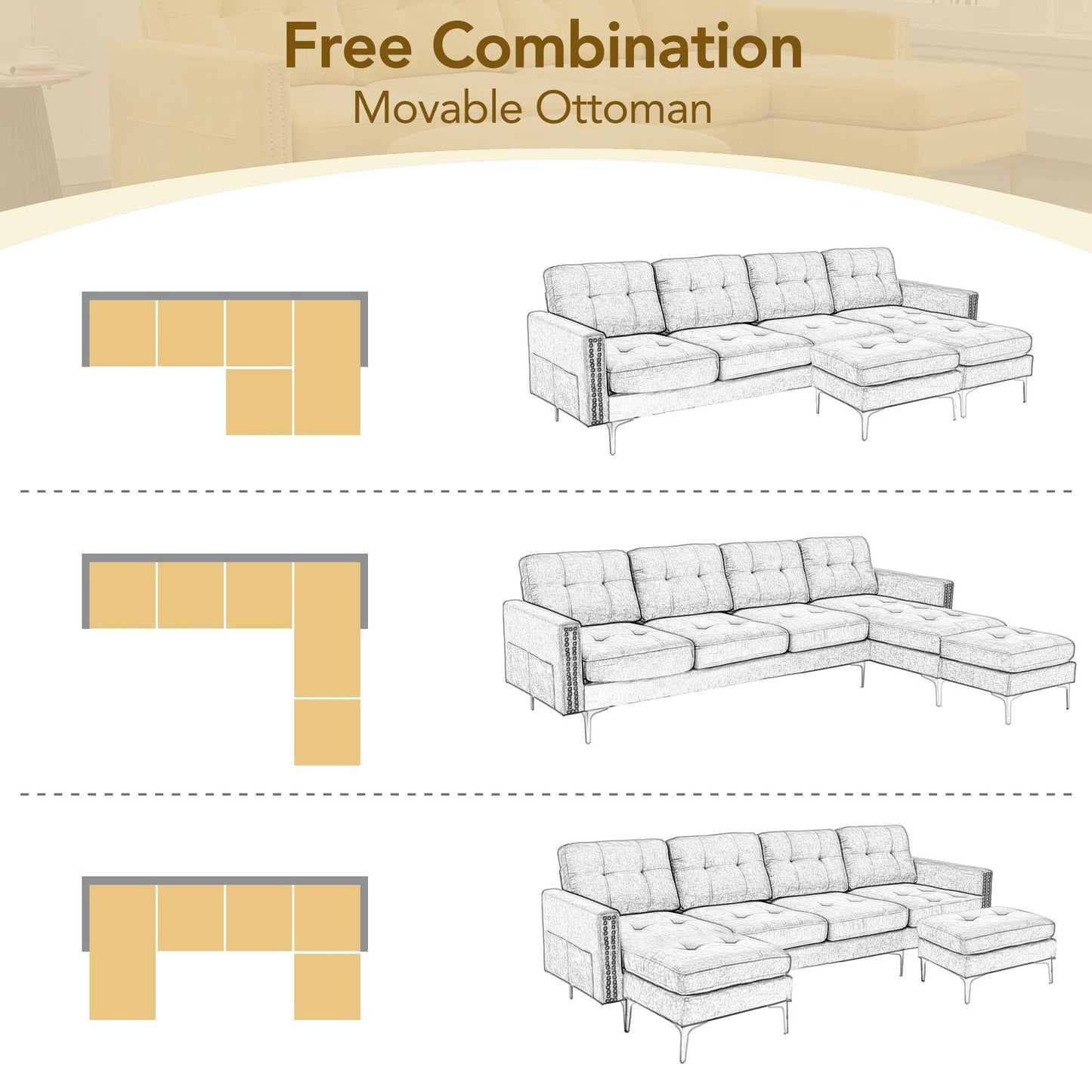 Convertible L-Shaped Velvet Sectional Sofa with Movable Ottoman and Gold Metal Legs for Living Room