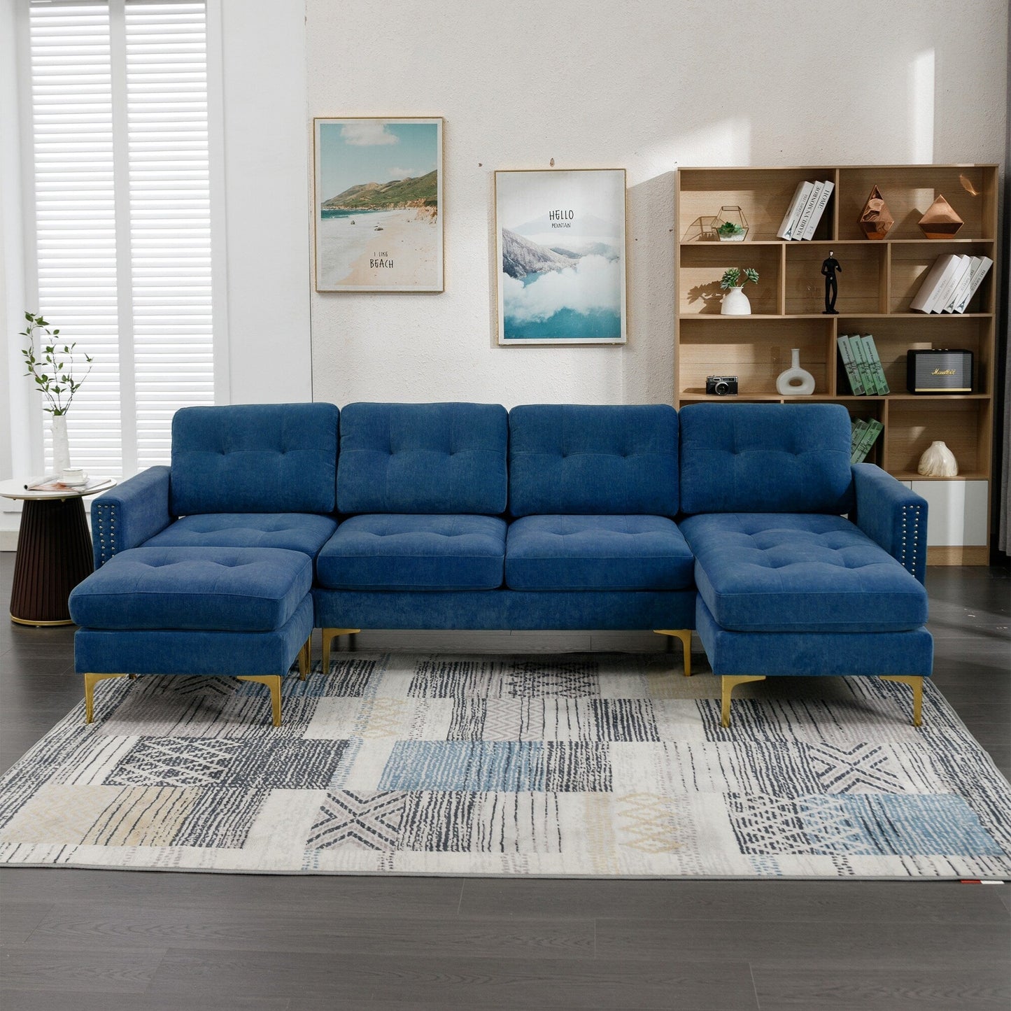 Convertible L-Shaped Velvet Sectional Sofa with Movable Ottoman and Gold Metal Legs for Living Room