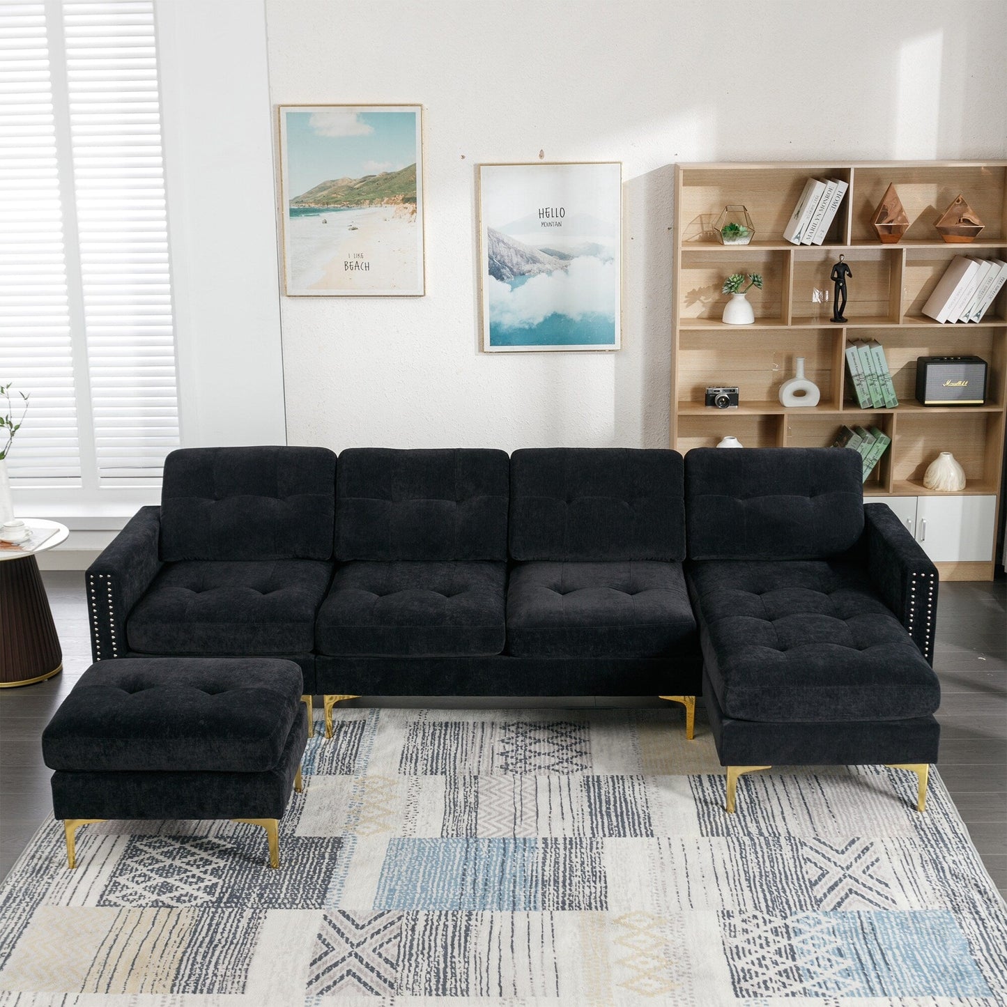Convertible L-Shaped Velvet Sectional Sofa with Movable Ottoman and Gold Metal Legs for Living Room