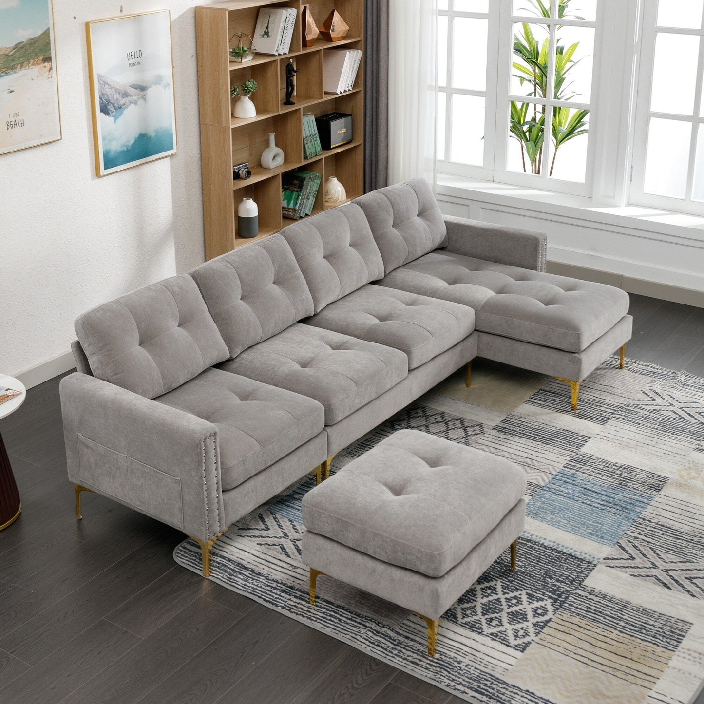 Convertible L-Shaped Velvet Sectional Sofa with Movable Ottoman and Gold Metal Legs for Living Room