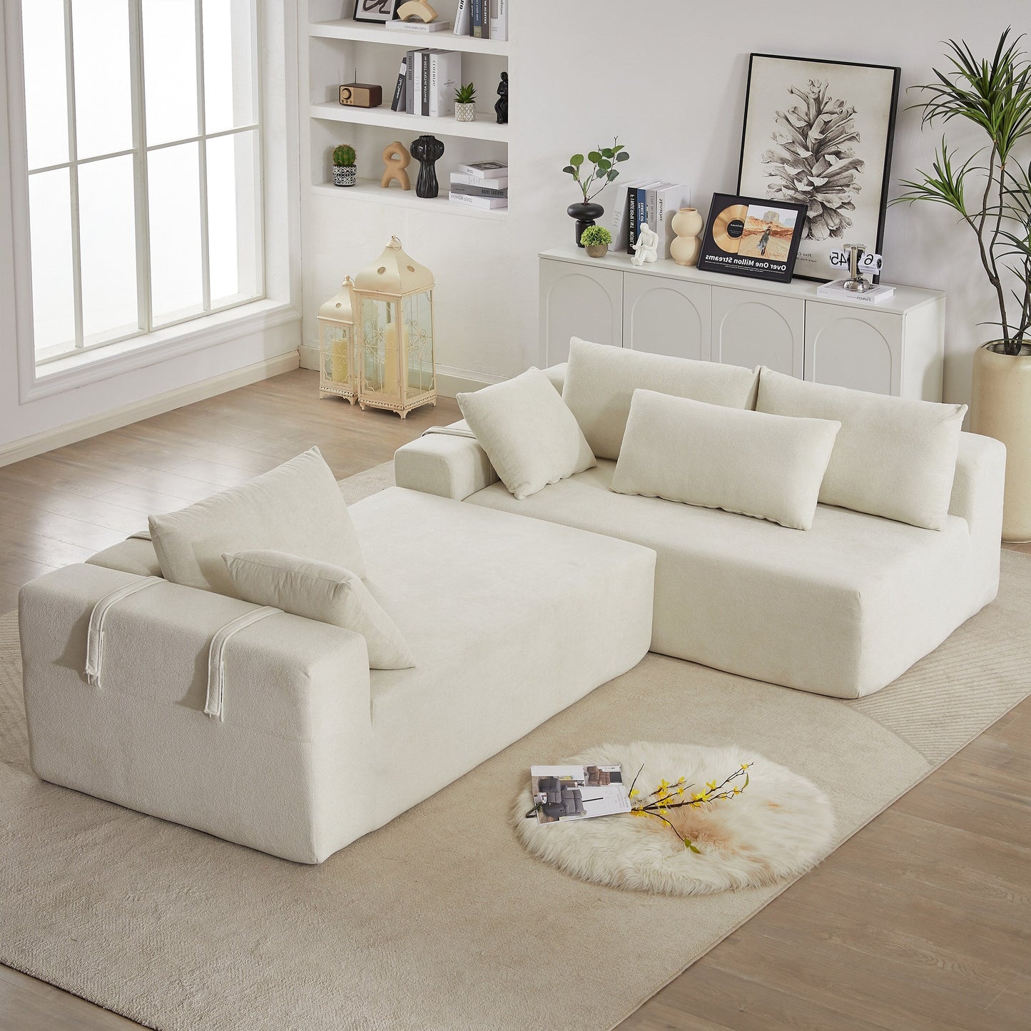 Corduroy Fabric 3-Seater Cloud Couch with 2 Movable Footrest,U Shaped Couch Set,Upholstered Deep Seat 2-Seat with 3 cushions