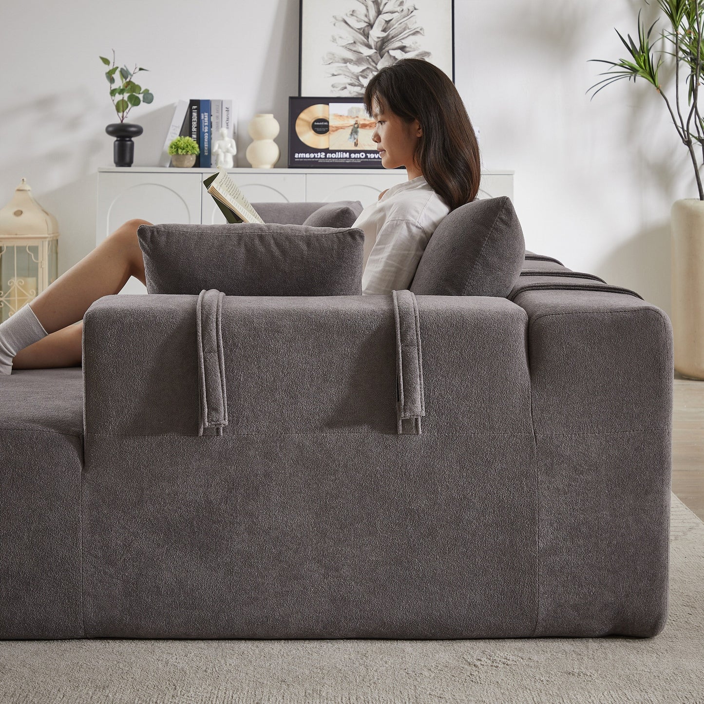 Corduroy Fabric 3-Seater Cloud Couch with 2 Movable Footrest,U Shaped Couch Set,Upholstered Deep Seat 2-Seat with 3 cushions