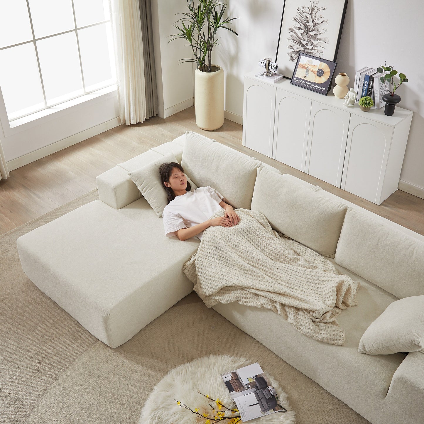 Corduroy Fabric 3-Seater Cloud Couch with 2 Movable Footrest,U Shaped Couch Set,Upholstered Deep Seat 2-Seat with 3 cushions