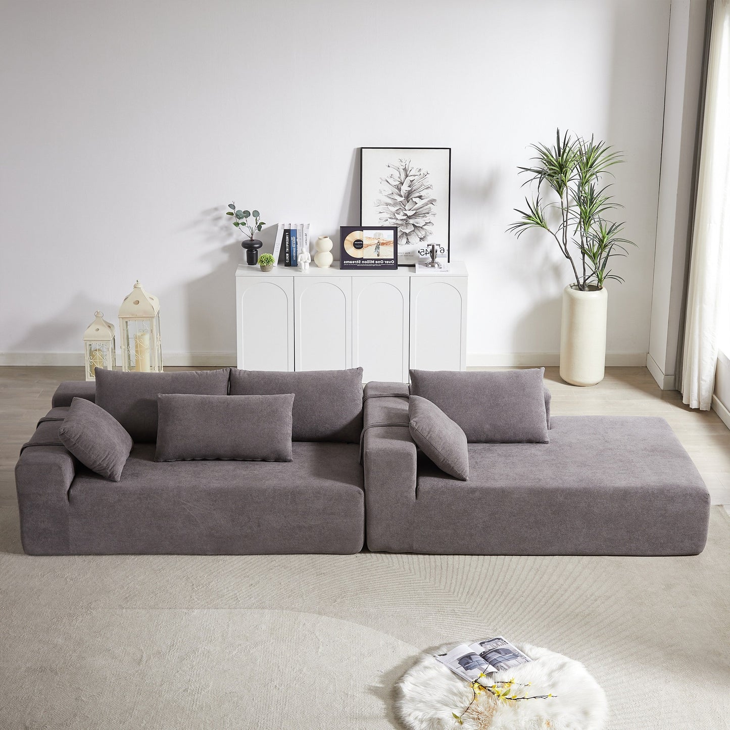 Corduroy Fabric 3-Seater Cloud Couch with 2 Movable Footrest,U Shaped Couch Set,Upholstered Deep Seat 2-Seat with 3 cushions