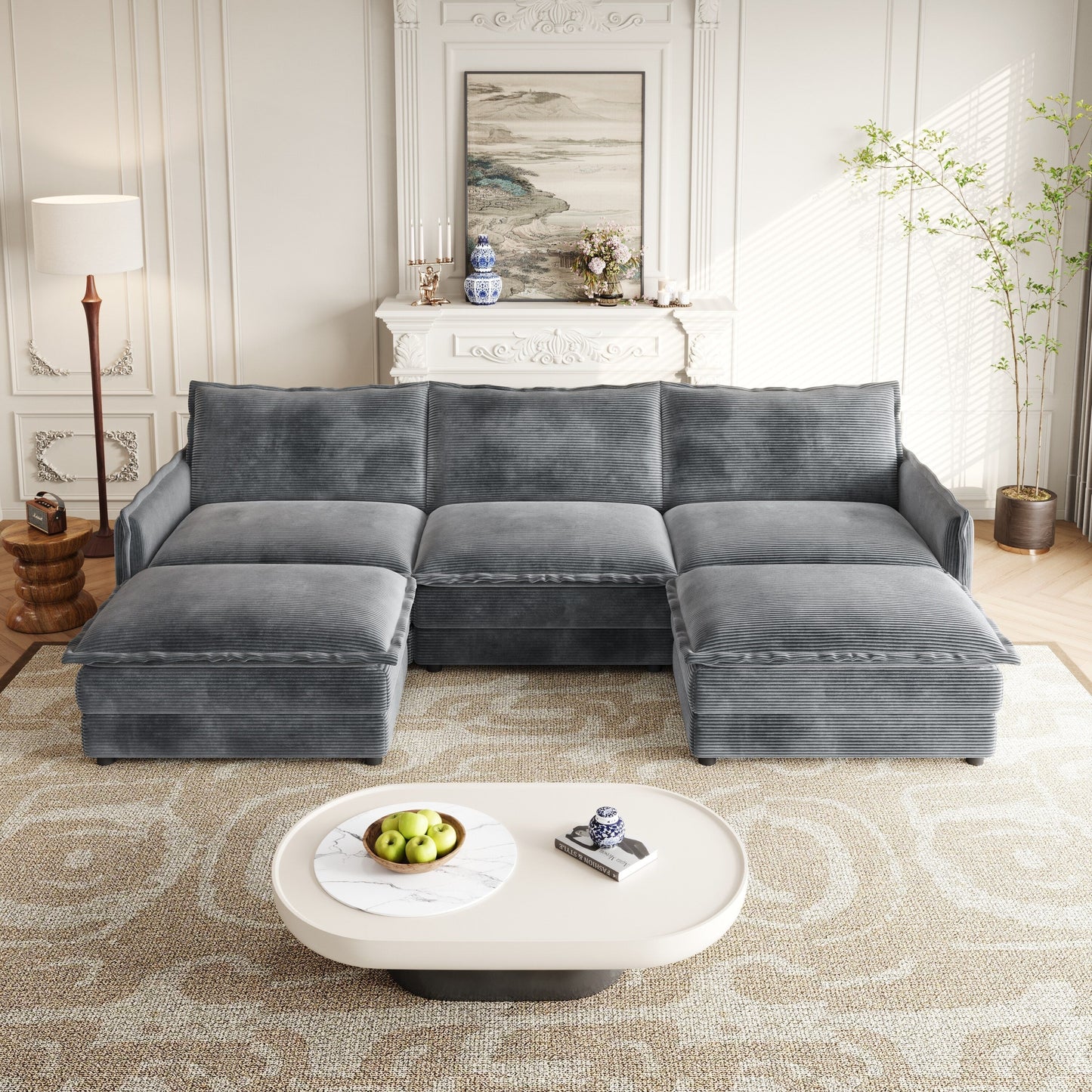 Corduroy Fabric 3-Seater Cloud Couch with 2 Movable Footrest,U Shaped Couch Set,Upholstered Deep Seat 2-Seat with 3 cushions