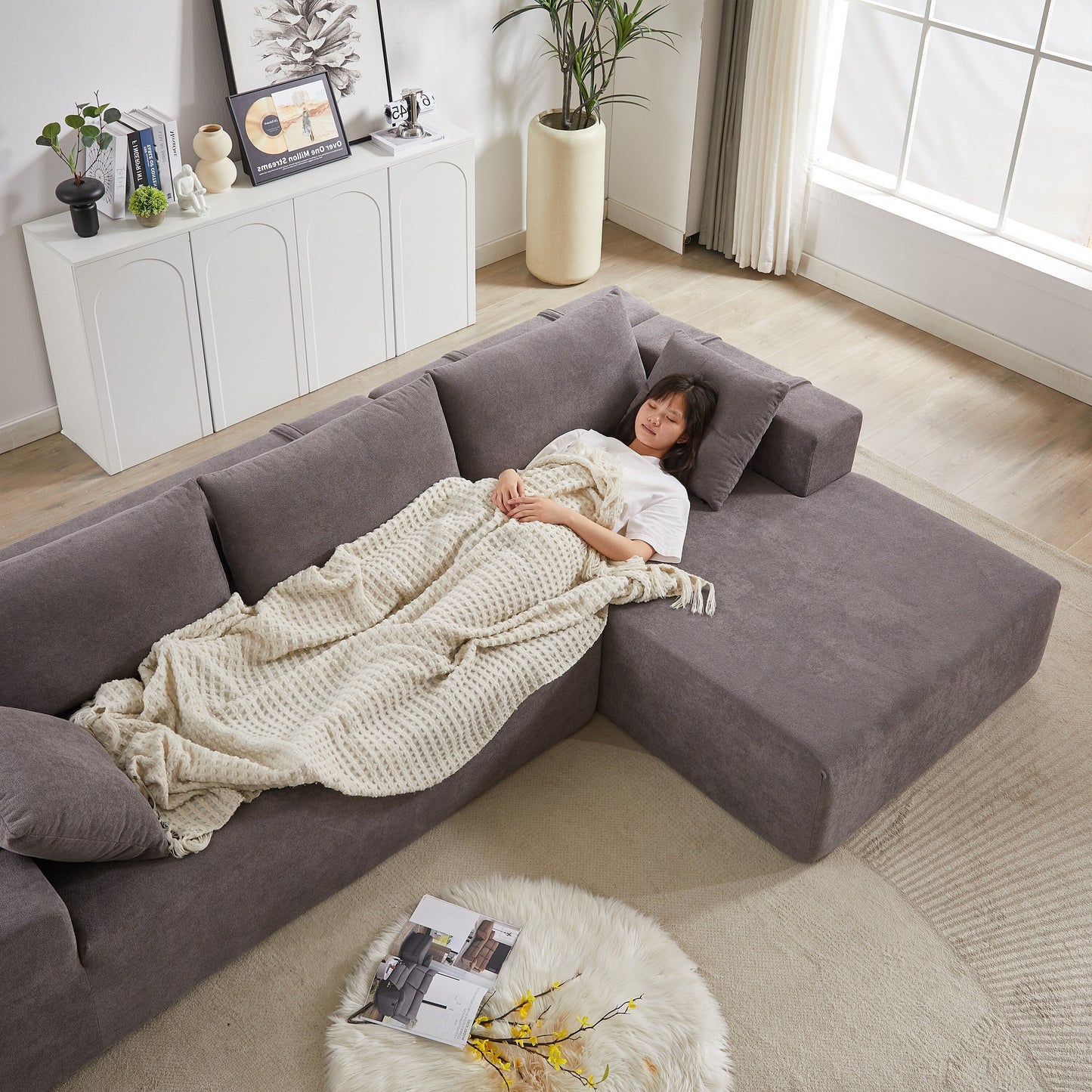 Corduroy Fabric 3-Seater Cloud Couch with 2 Movable Footrest,U Shaped Couch Set,Upholstered Deep Seat 2-Seat with 3 cushions