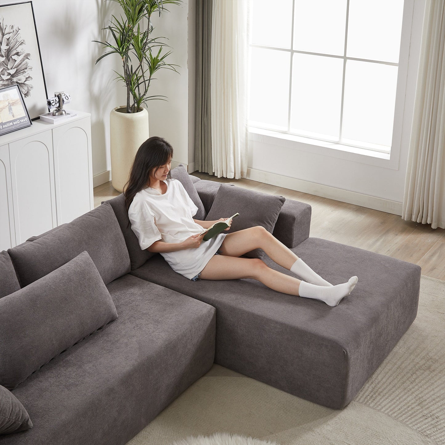 Corduroy Fabric 3-Seater Cloud Couch with 2 Movable Footrest,U Shaped Couch Set,Upholstered Deep Seat 2-Seat with 3 cushions