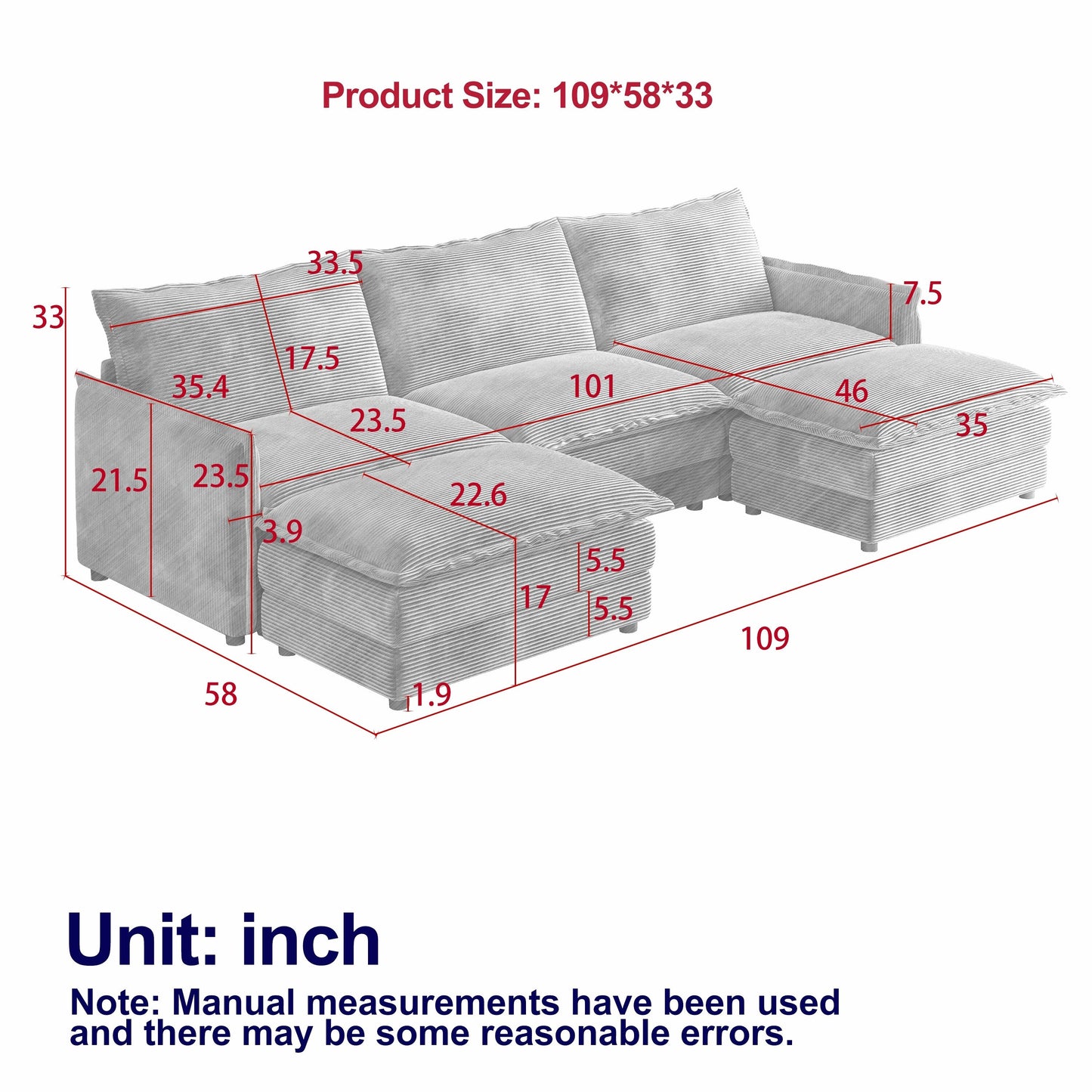 Corduroy Fabric 3-Seater Cloud Couch with 2 Movable Footrest,U Shaped Couch Set,Upholstered Deep Seat 2-Seat with 3 cushions