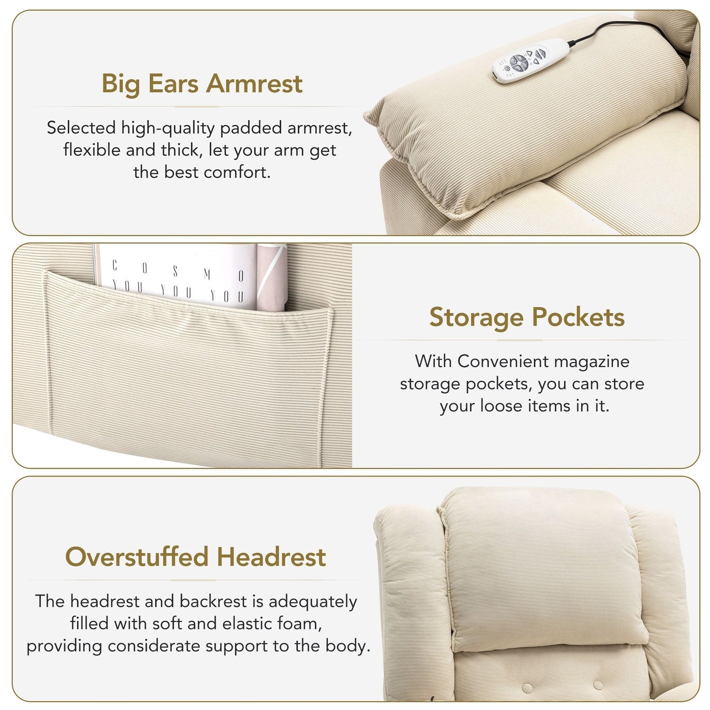 Corduroy Power Lift Recliner for Seniors with Adjustable Massage & Heat, Infinite Reclining Angles, Space-Saving Armrests