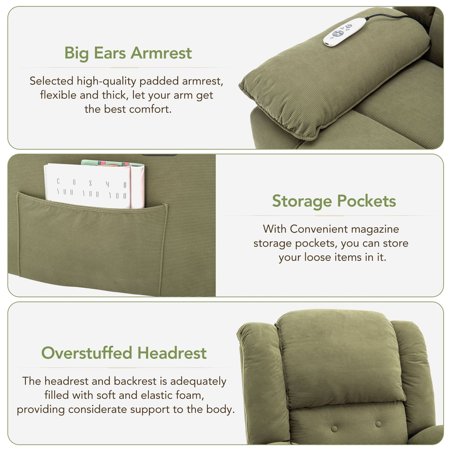 Corduroy Power Lift Recliner for Seniors with Adjustable Massage & Heat, Infinite Reclining Angles, Space-Saving Armrests