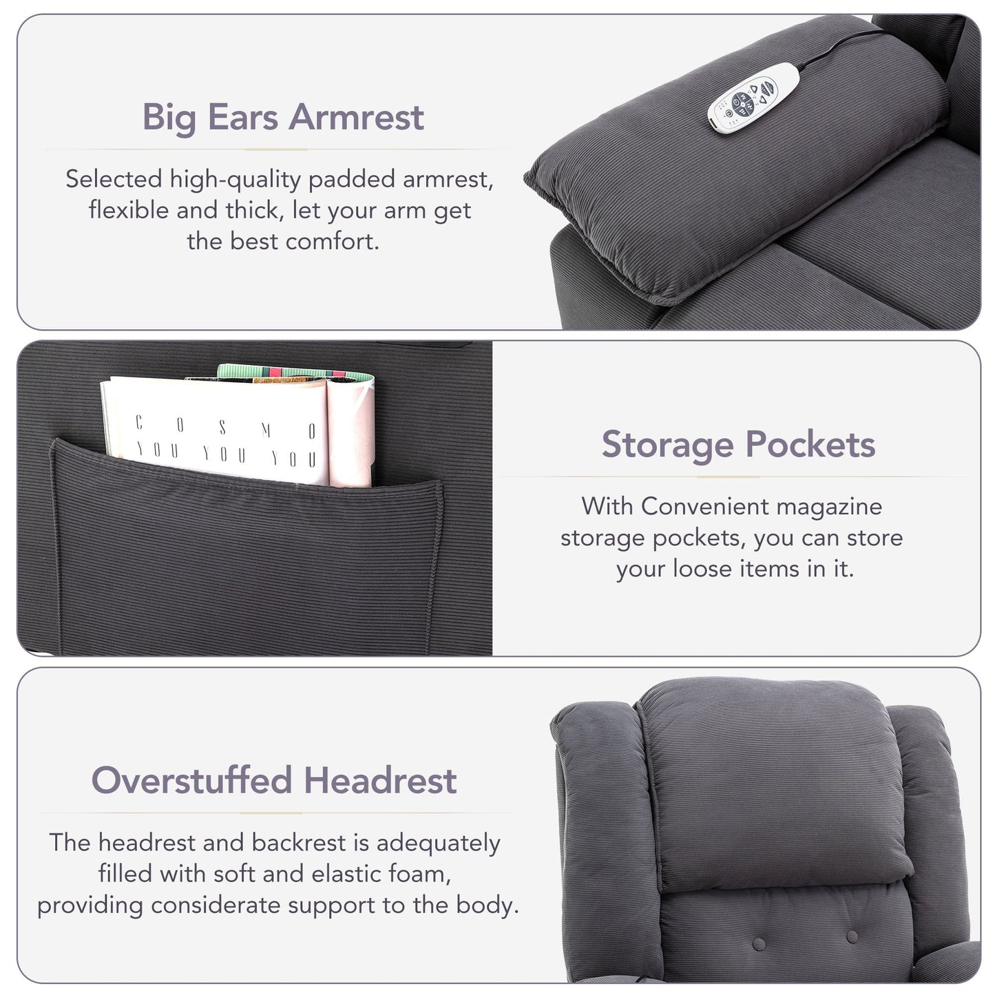 Corduroy Power Lift Recliner for Seniors with Adjustable Massage & Heat, Infinite Reclining Angles, Space-Saving Armrests