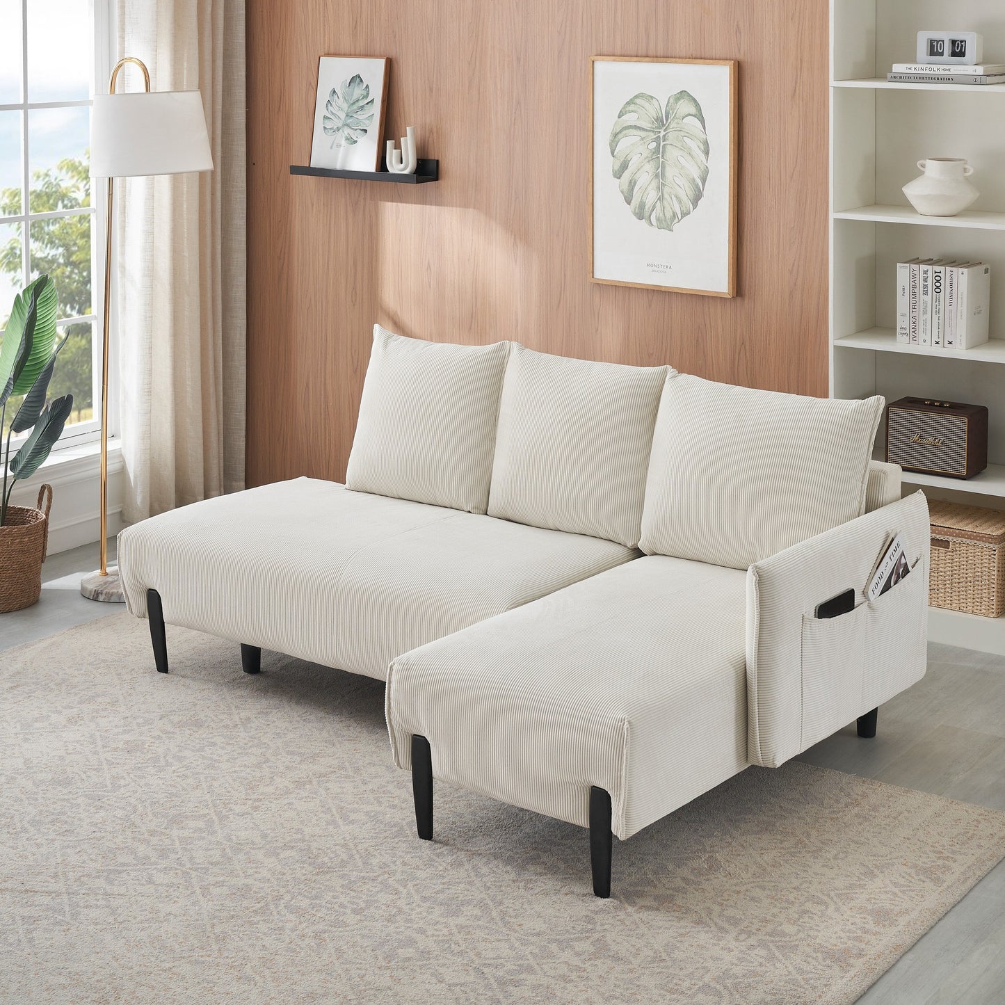 Corduroy Sofa Recliner Sofa with Metal Tapered Legs, Long Couch with 3 Matching Pillows and Side Pockets for Living Room
