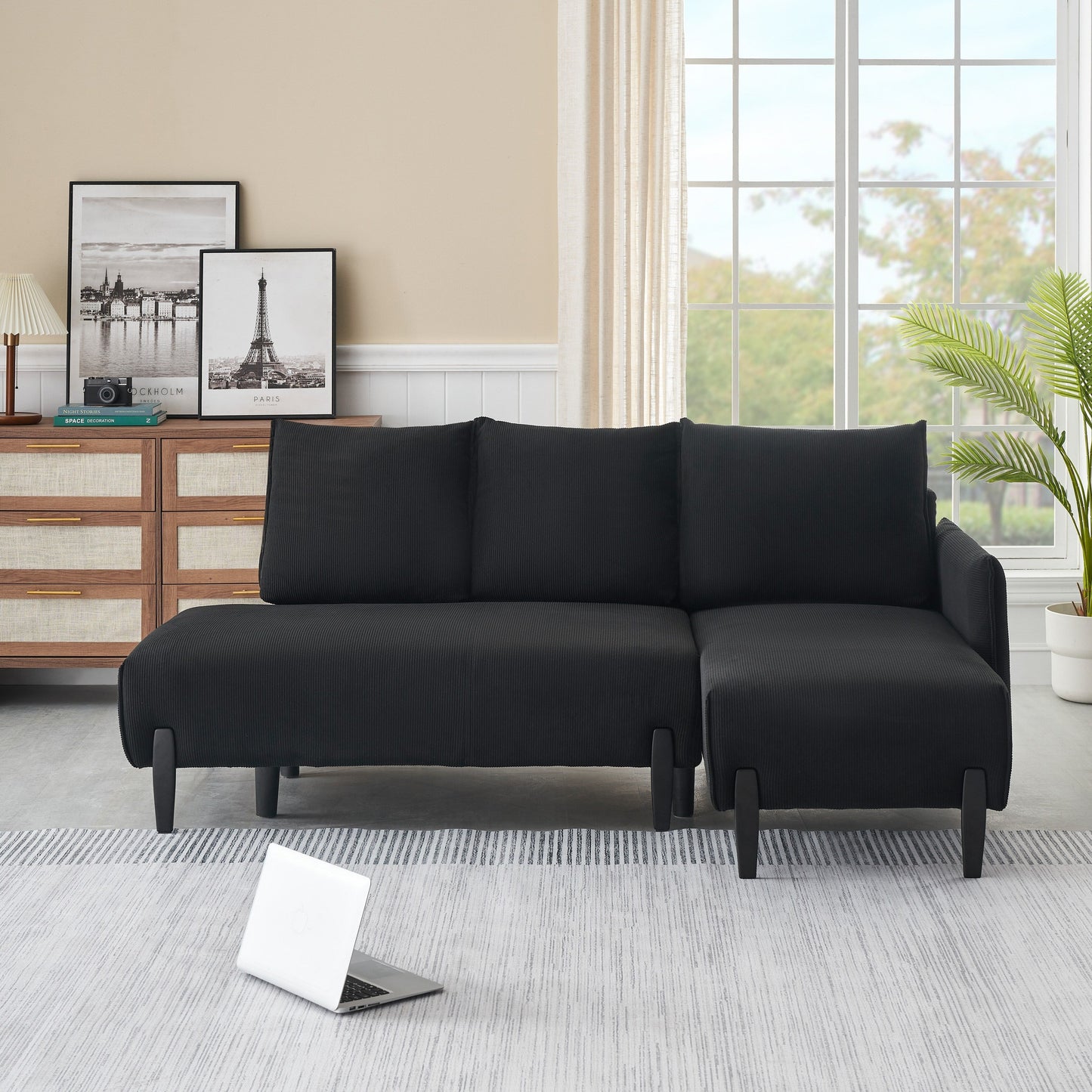 Corduroy Sofa Recliner Sofa with Metal Tapered Legs, Long Couch with 3 Matching Pillows and Side Pockets for Living Room