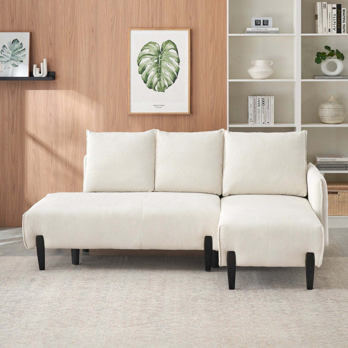 Corduroy Sofa Recliner Sofa with Metal Tapered Legs, Long Couch with 3 Matching Pillows and Side Pockets for Living Room