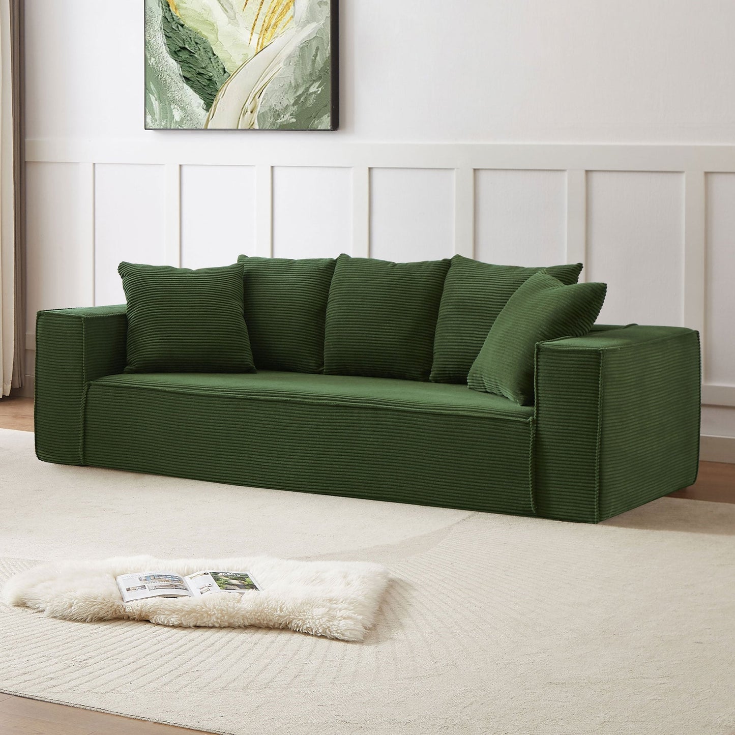 Corduroy Upholstered 3-seater Sofa with 5 Toss Pillows