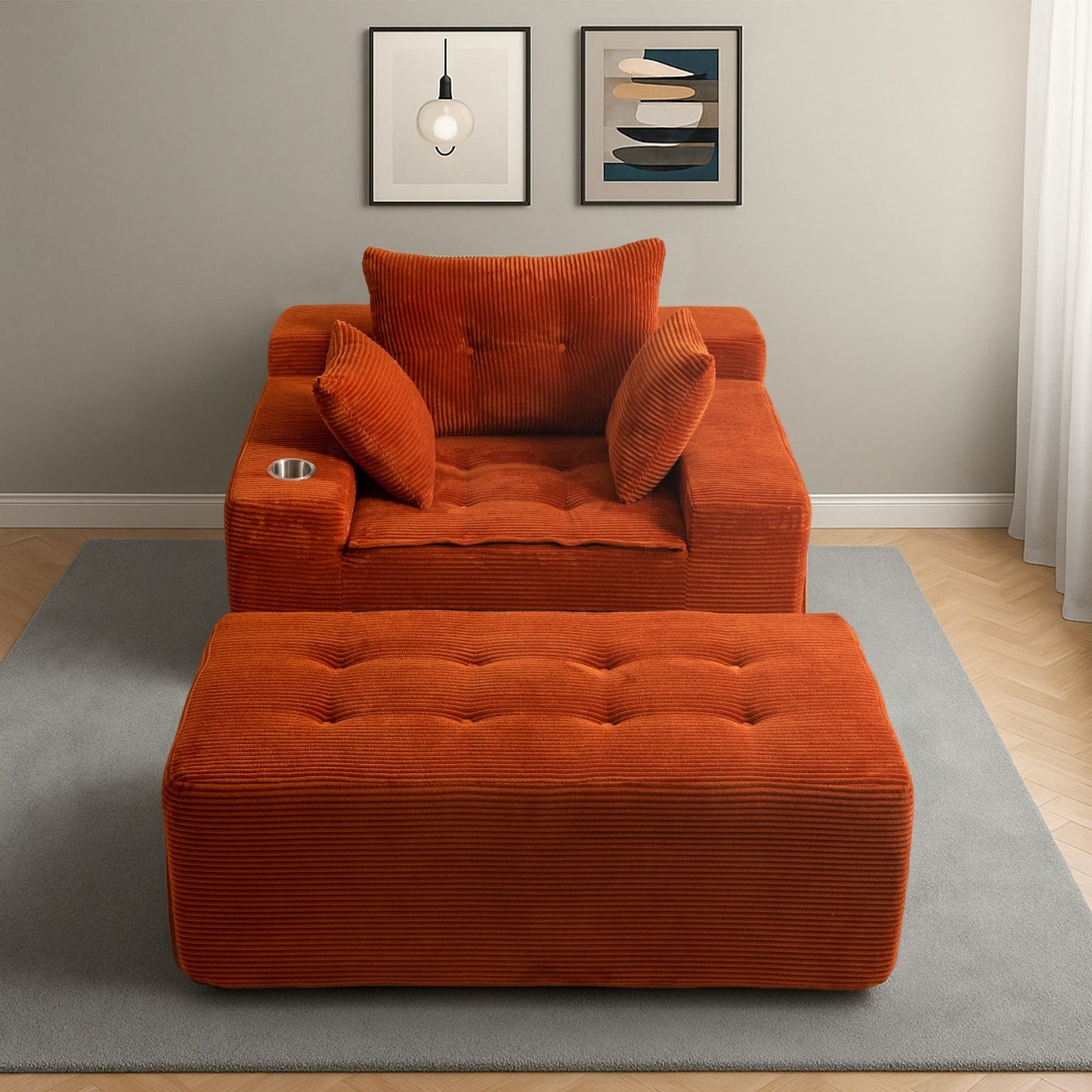 Corduroy Upholstered Memory Foam Sofa With Ottoman Upholstered Bean Bag Couch - 48.4Lx67.7Wx24.4H