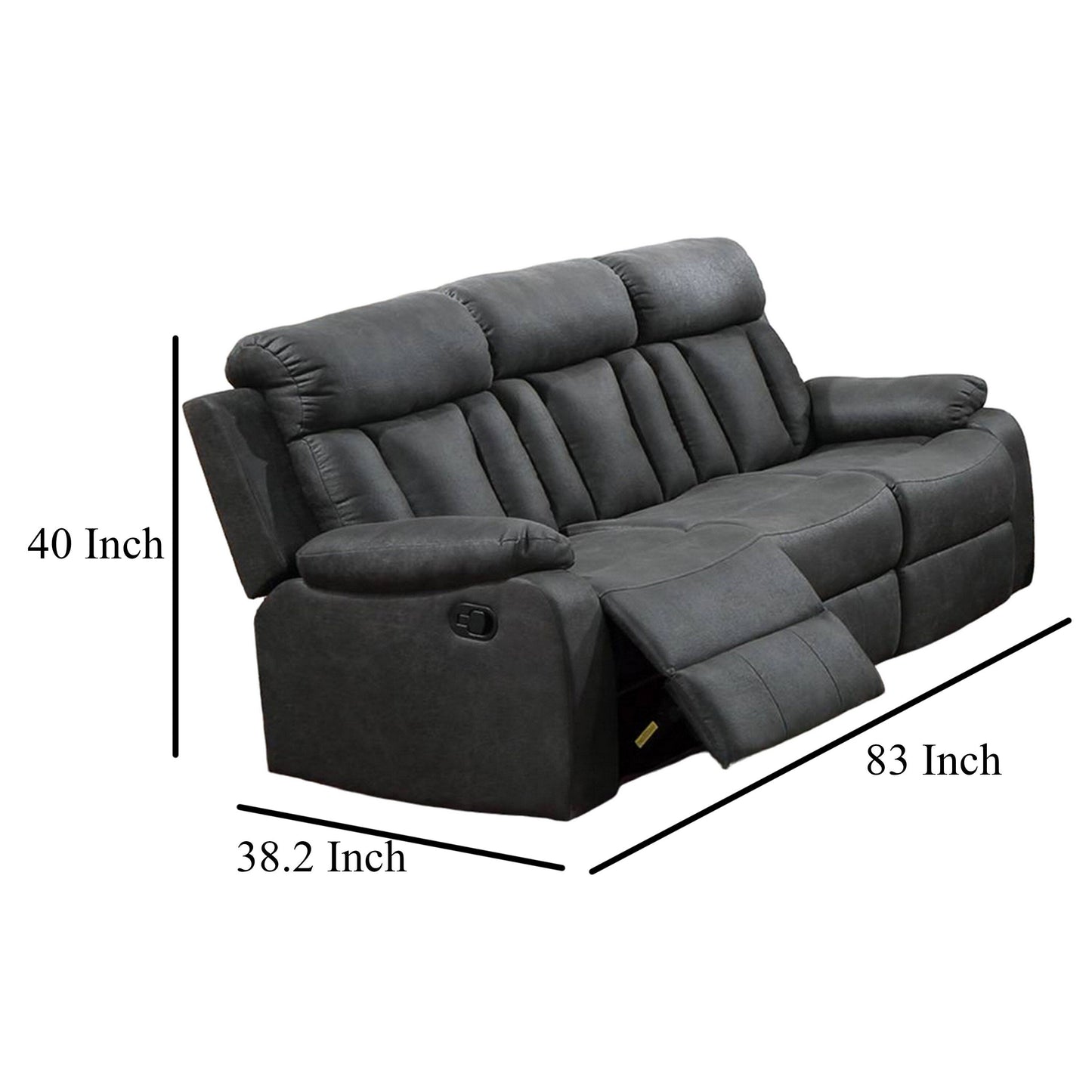 Corie Manual Recliner Sofa, 83 Inch Solid Wood, Gray Faux Leather