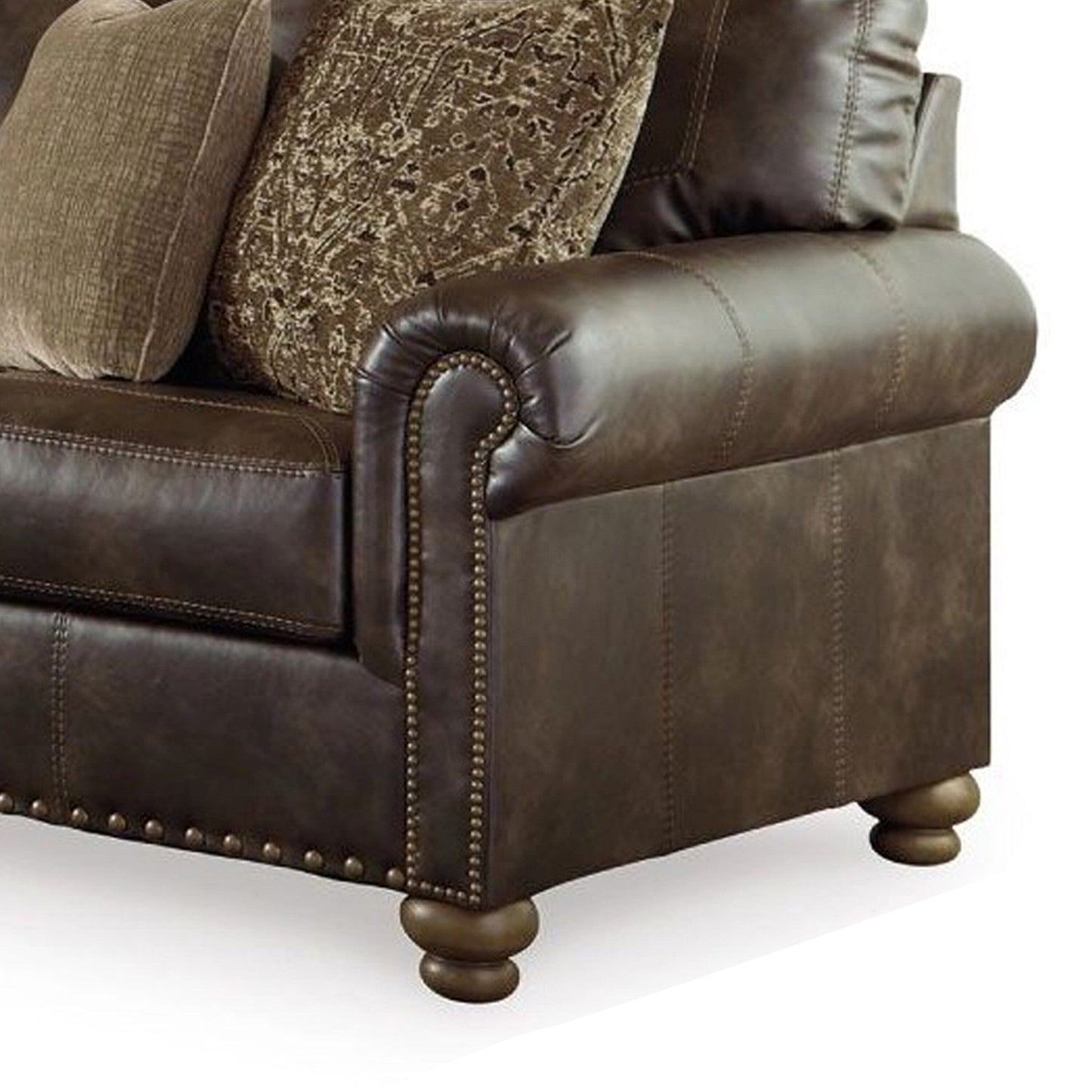 Corvo Sofa, Coffee Brown Faux Leather, 4 Accent Pillows, 97 Inch