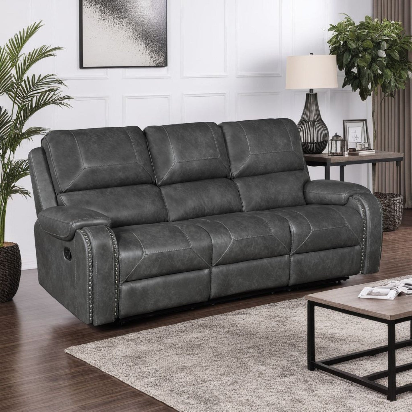 Dean Reclining Sofa, Pillow Tufted Gray Faux Leather 87 Inch