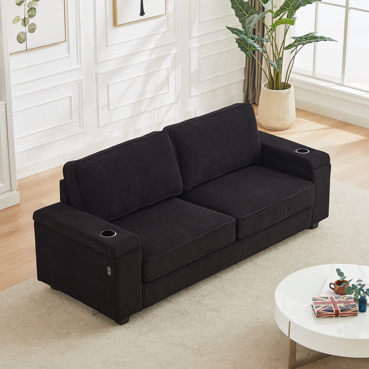 Deep Seat 86.5 Sofa with Storage, USB Charging, and Cup Holders - Comfortable Corduroy Couch