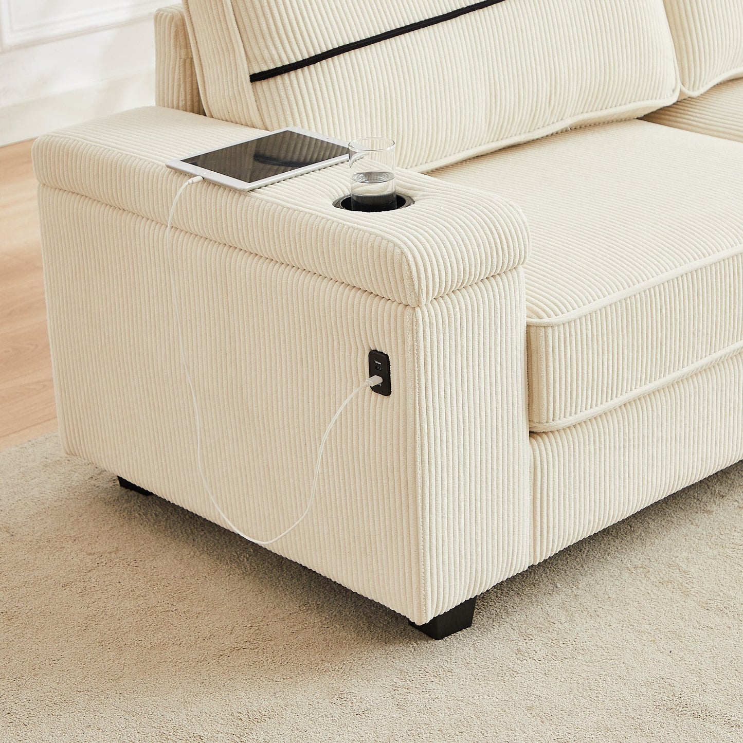 Deep Seat 86.5 Sofa with Storage, USB Charging, and Cup Holders - Comfortable Corduroy Couch