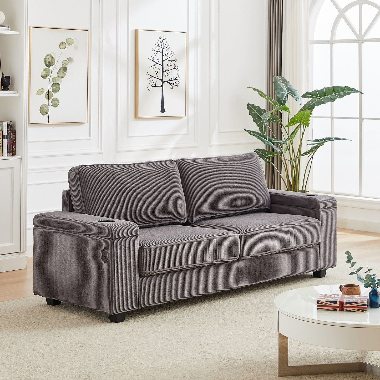 Deep Seat 86.5 Sofa with Storage, USB Charging, and Cup Holders - Comfortable Corduroy Couch