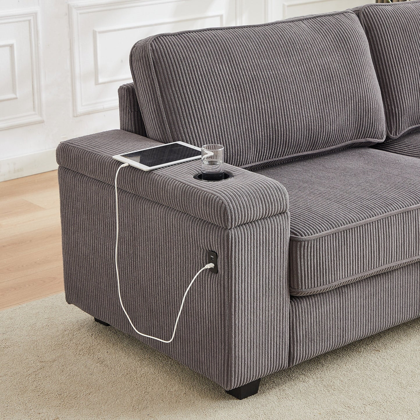 Deep Seat 86.5 Sofa with Storage, USB Charging, and Cup Holders - Comfortable Corduroy Couch