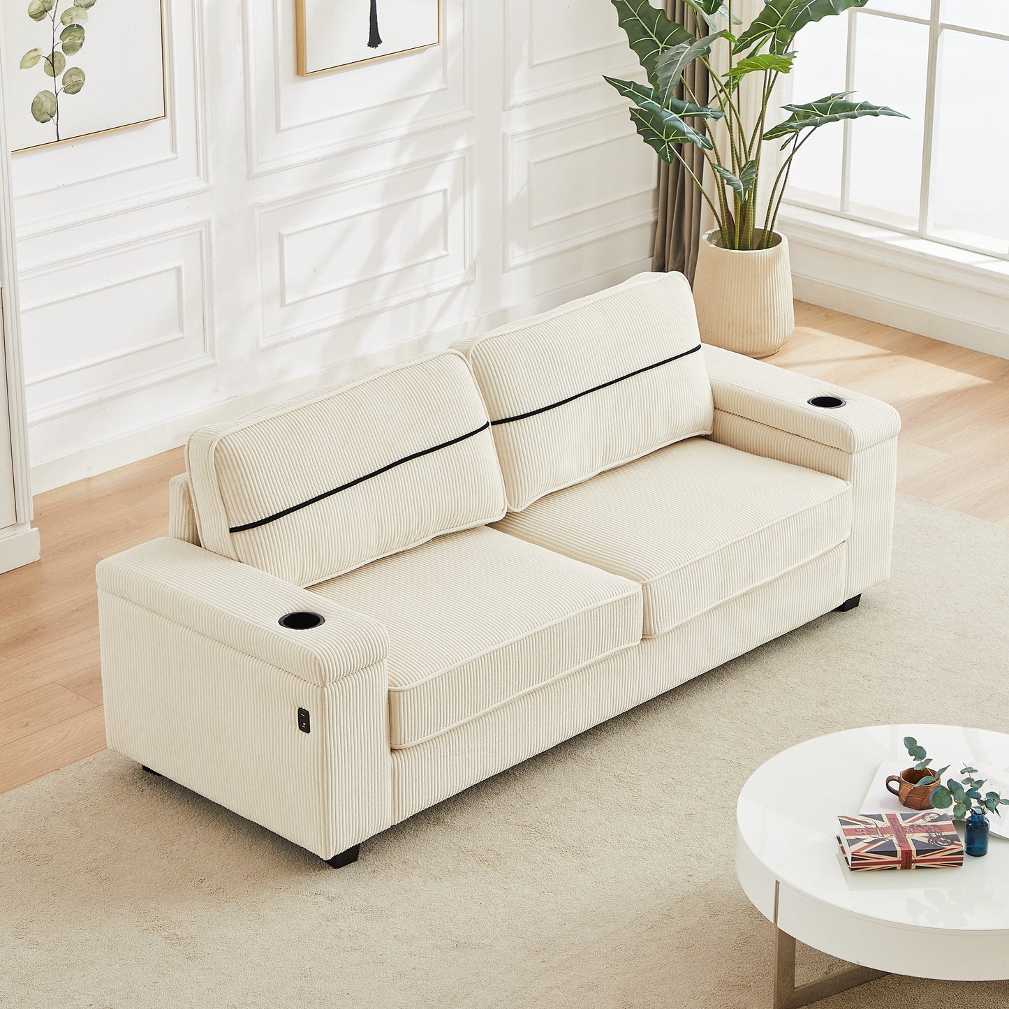 Deep Seat 86.5 Sofa with Storage, USB Charging, and Cup Holders - Comfortable Corduroy Couch